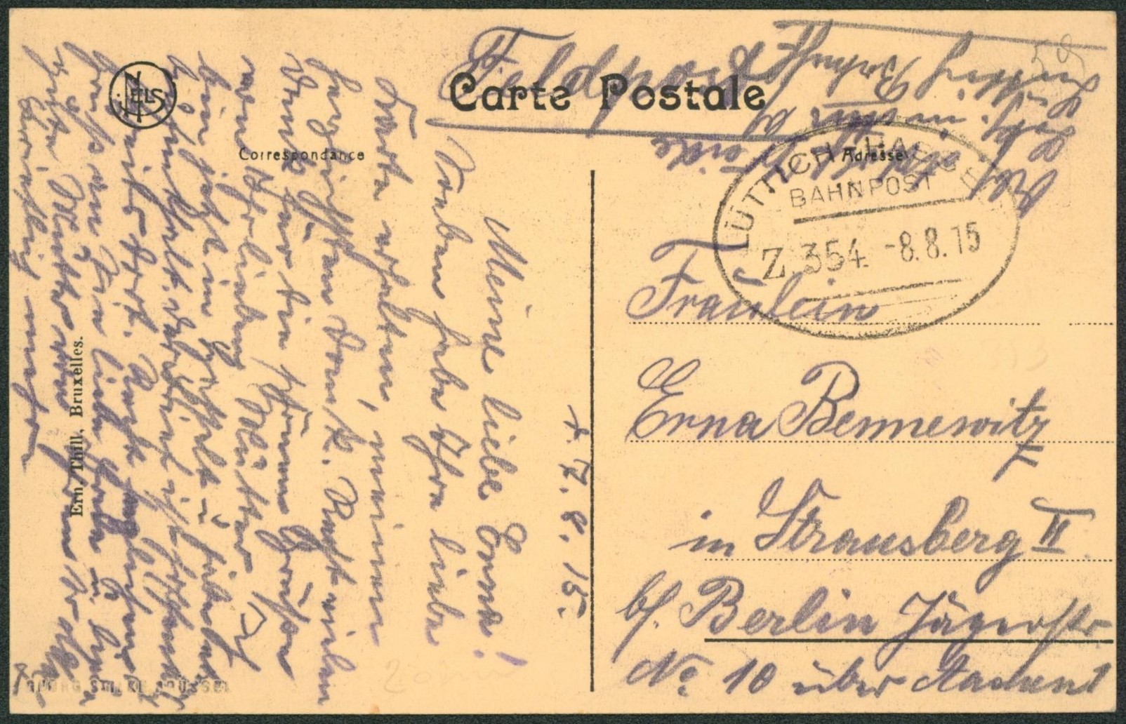 CP en feldpost + cachet ambulant (Treinstempel) bahnpost "Luttich-Hasselt"  >  Allemagne.