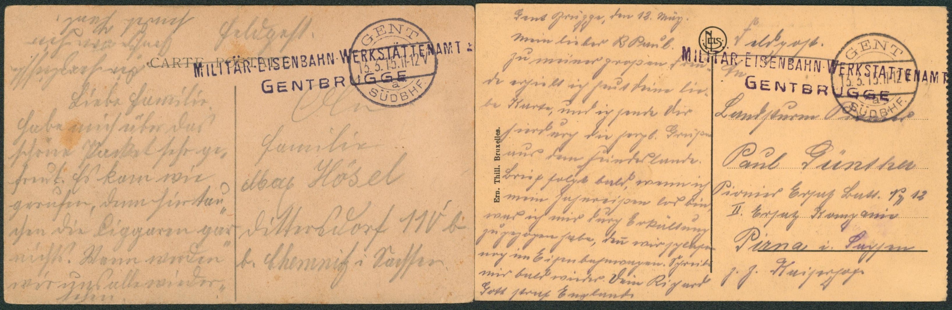 Ensemble de 2 CP en felpost cachet à pont "Gent" + griffe de régiment "Militär eisenbahn werkstätttenamt Gentbrugge" (Office des ateliers ferroviaires militaires de Gentbrugge) > Allemagne.