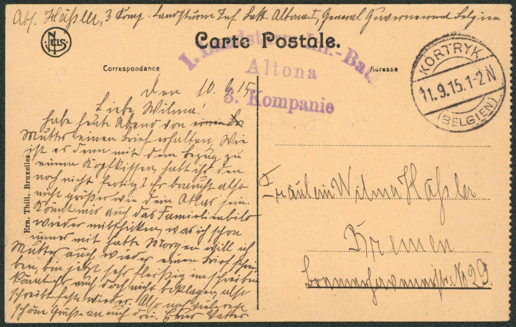CP vue en Feldpost obl à pont "Kortryk" + griffe de régiment (Altona) > Bremen (Allemagne).