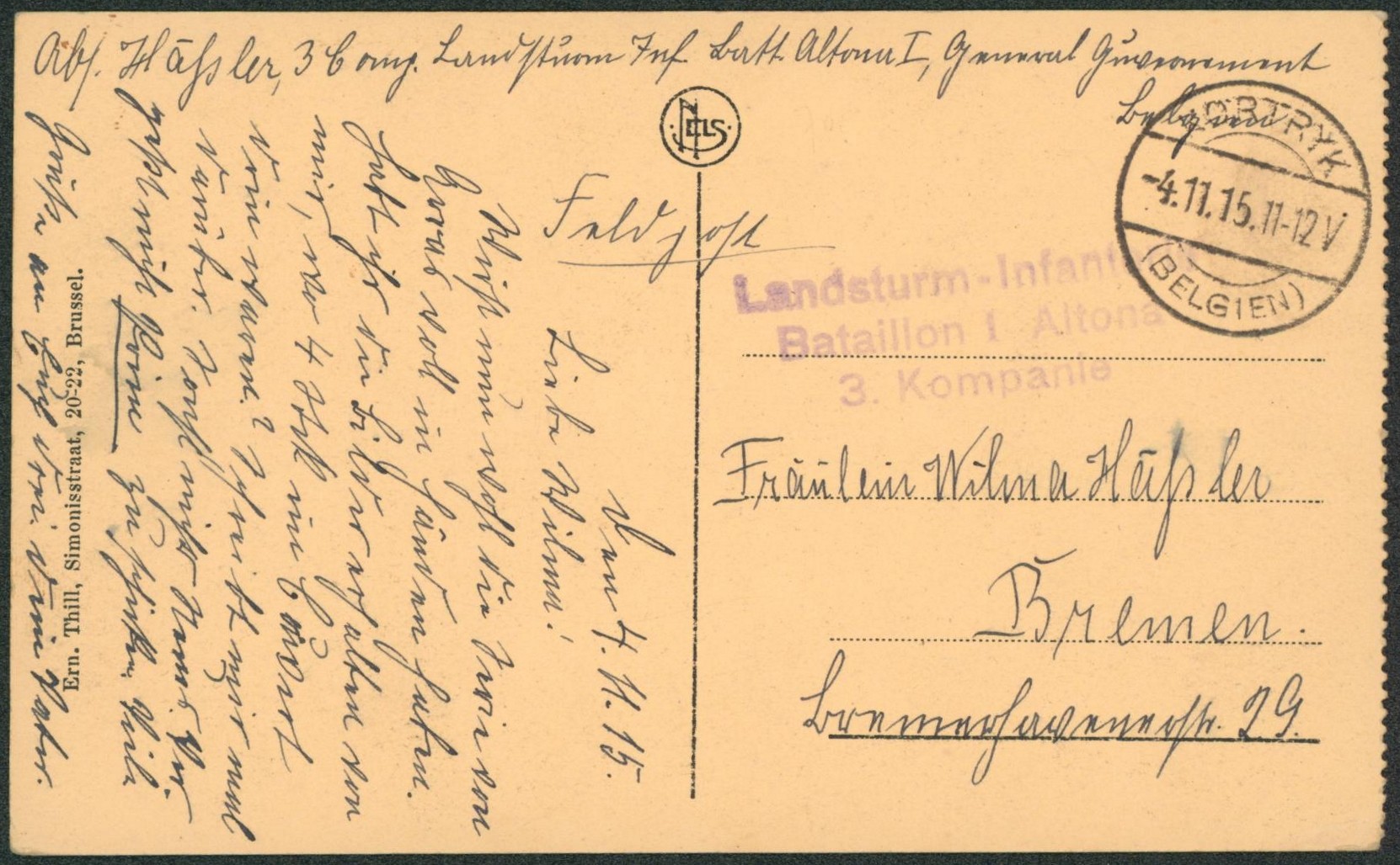 CP vue en Feldpost obl à pont "Kortryk" + griffe de régiment (Altona) > Bremen (Allemagne).