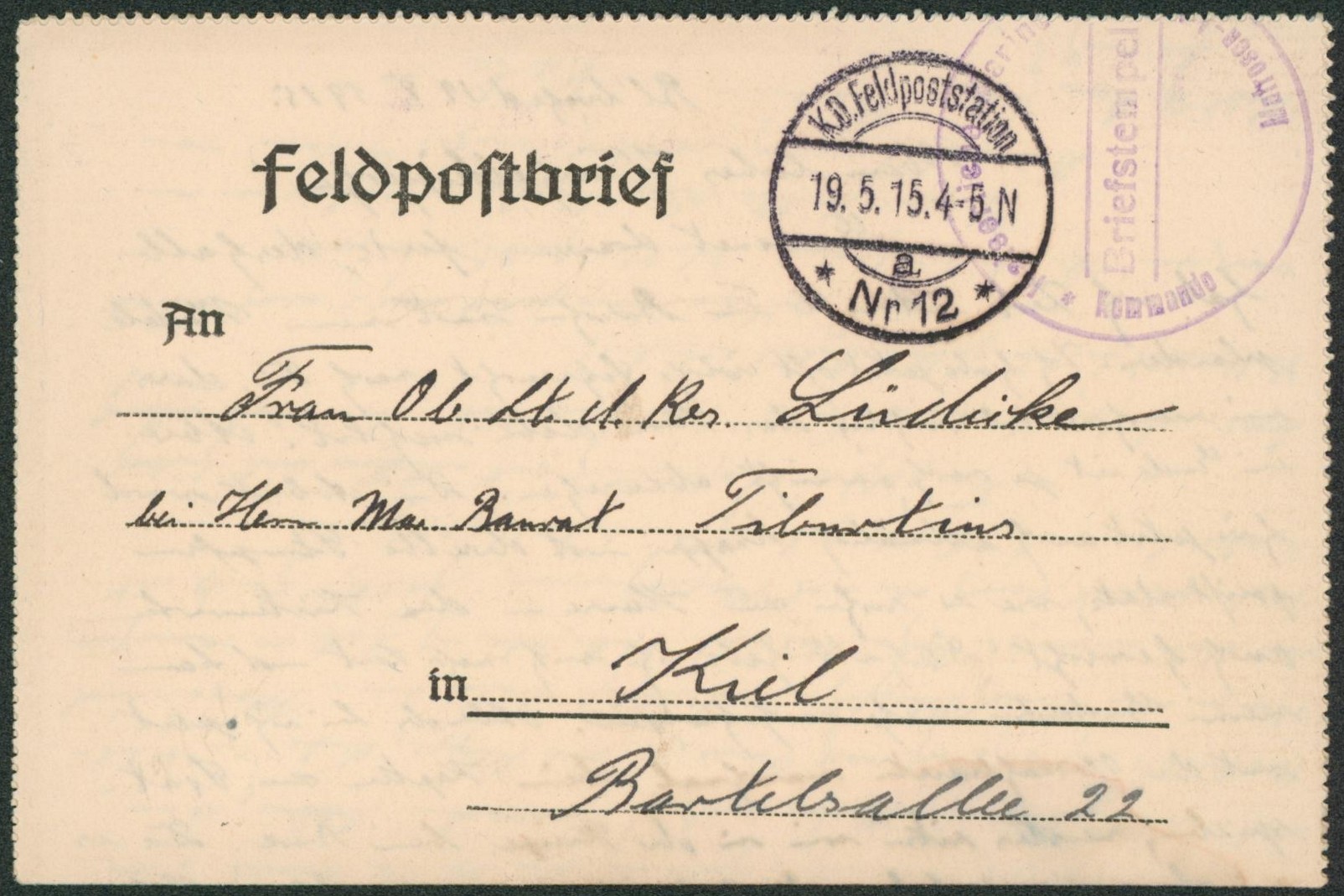 Feldpostbrief + cachet à pont "K.D. Feldpoststation / Nr 12" & Briefstempel > Kiel (Allemagne). Texte