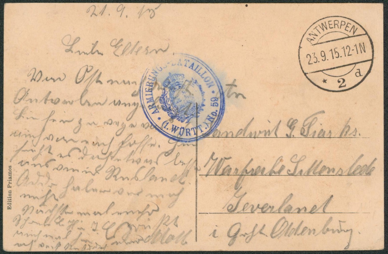 CP en feldpost + cachet à pont "Antwerpen" & cachet avec armoirie "Armierungs-Bataillon" > Allemagne