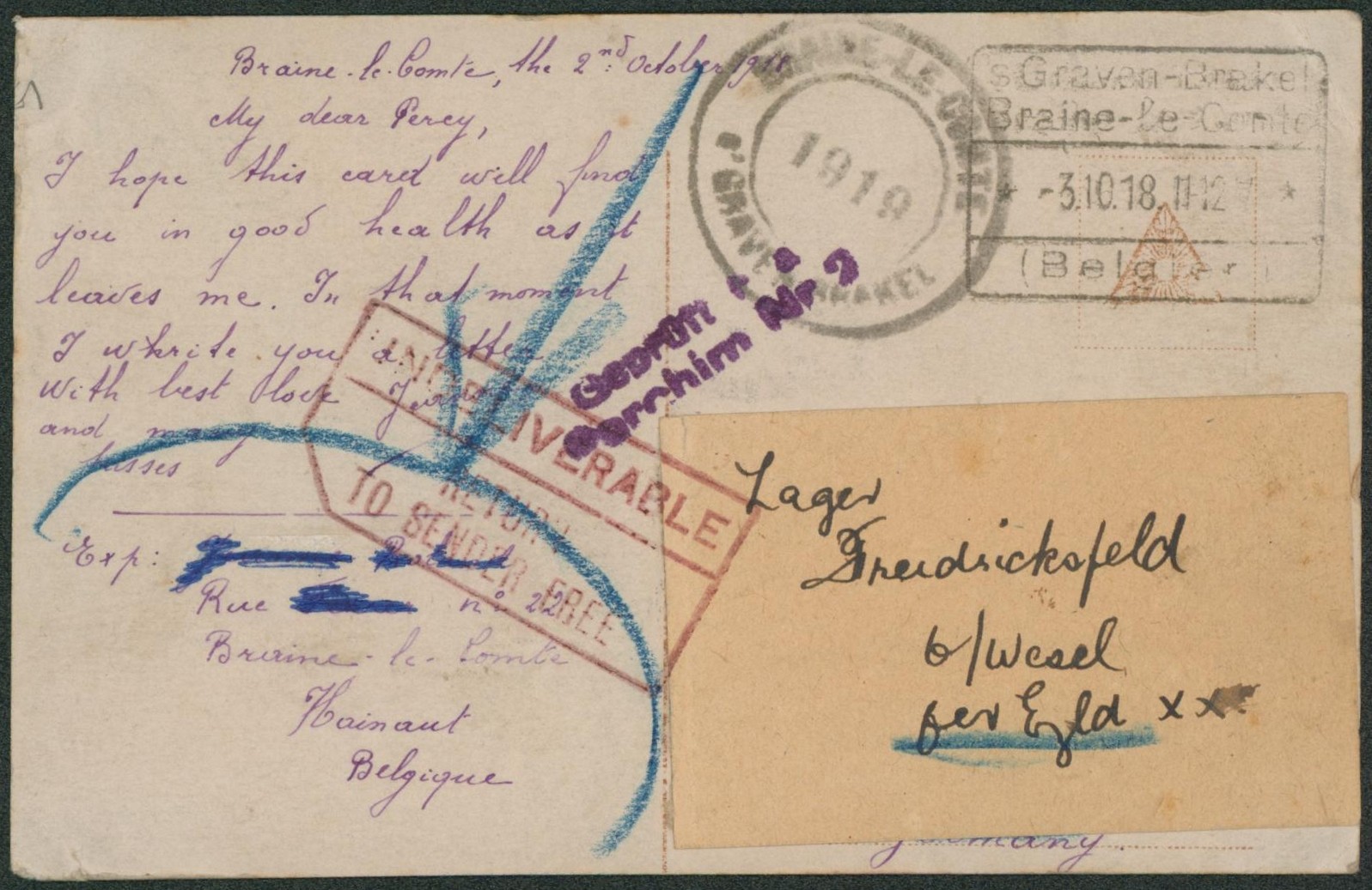 CP daté de Braine-le-comte (1918) > Camp de prisonnier en Allemagne + griffe anglaise "Undeliverable" (non délivrable) retour à Braine-le-comte çàd obl de fortune type DC "Braine le comte 1919"