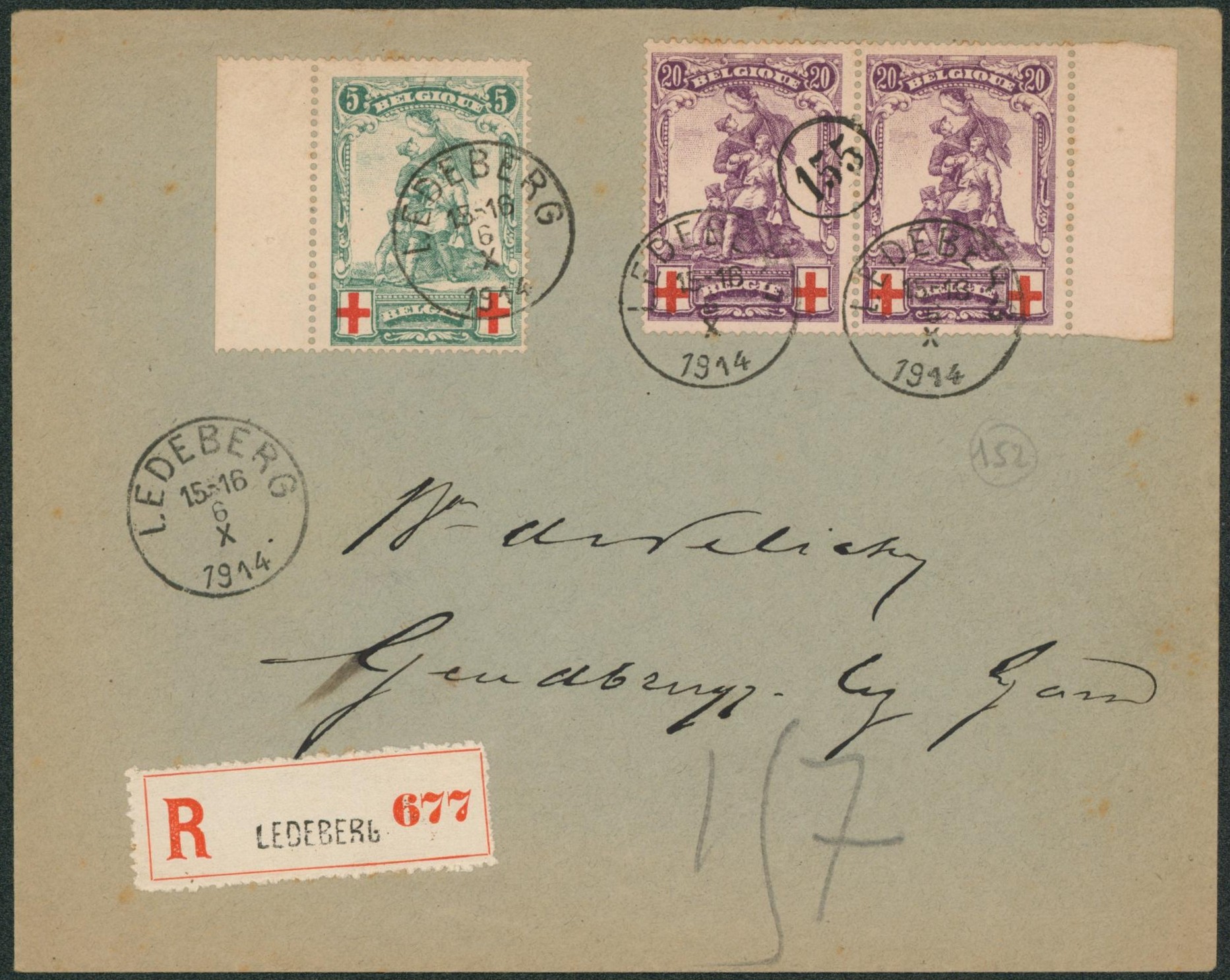 Début WWI - n°126 et 128 x2 sur lettre en recommandé de Ledeberg (6/X/14) > Gentbrugge.