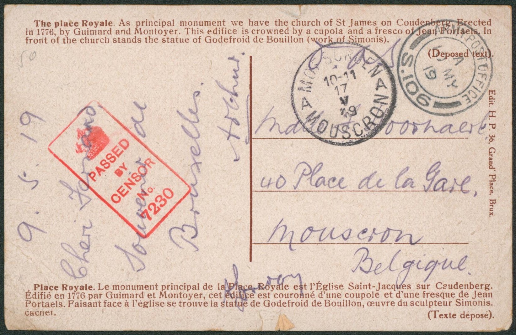 CP expédié de Army post office (S. 106) + censure anglaise > Mouscron.
