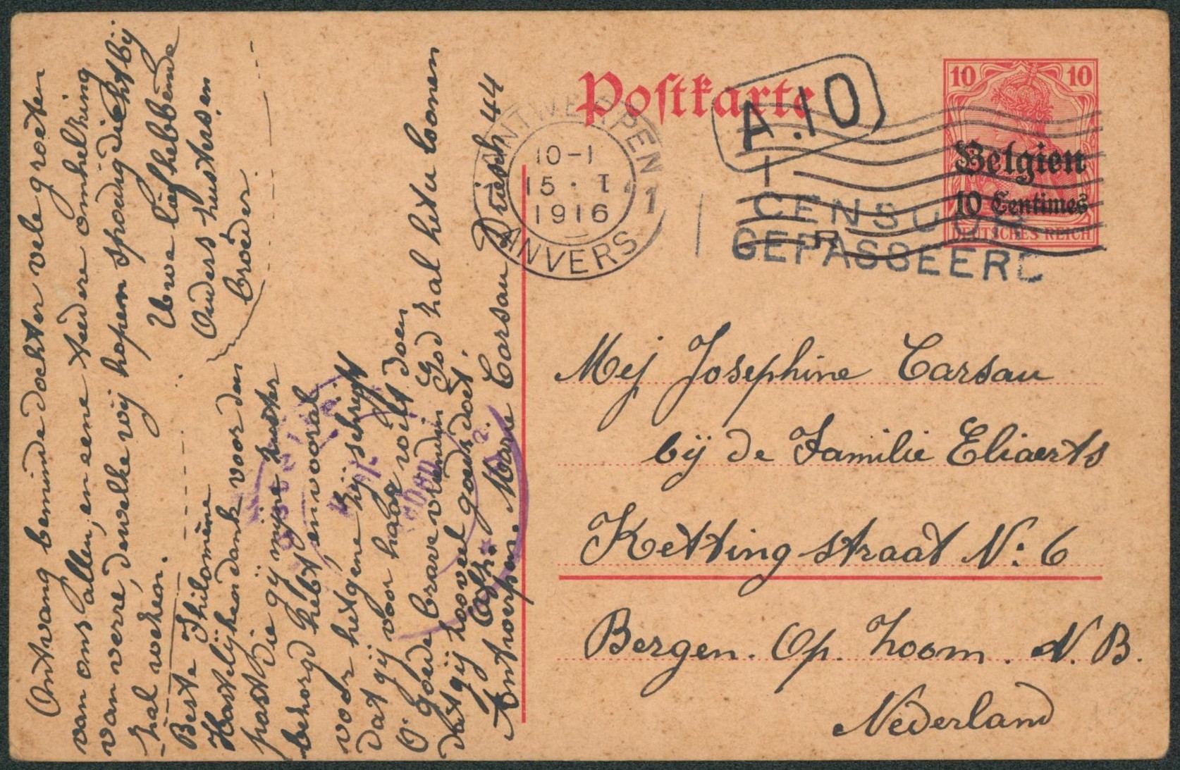 EP au type 10ctm rouge obl mécanique "Antwerpen / Anvers" (1916) + censuur gepasseerd > Bergen-Op-Zoom (Hollande).