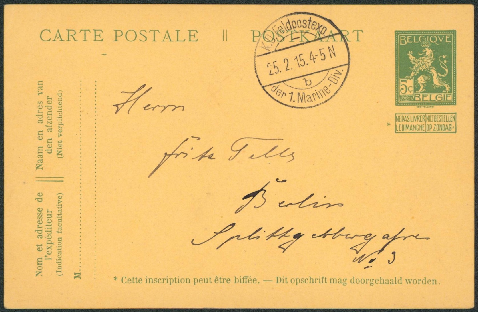 EP au type Pellens 5ctm utilisé en feldpostkarte (daté de Ostende) + cachet K.D. Feldpostexp. > Berlin
