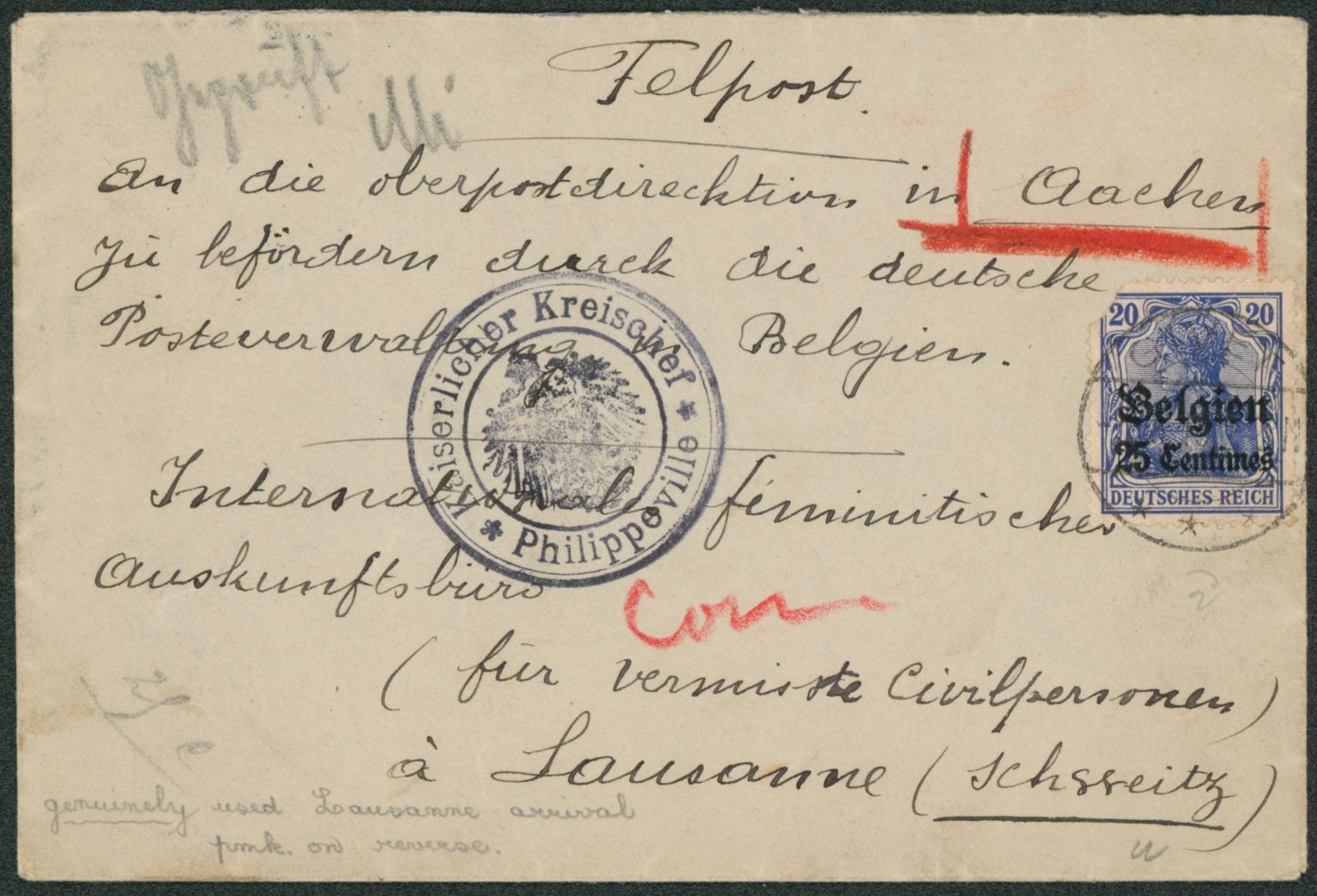 OC4 (coin arrondi) sur lettre obl à pont "Givet" + grand cachet avec armoirie "Kaiserlicher Kreischef / Philippeville" > Lausanne (Suisse, comité de secours féministes.
