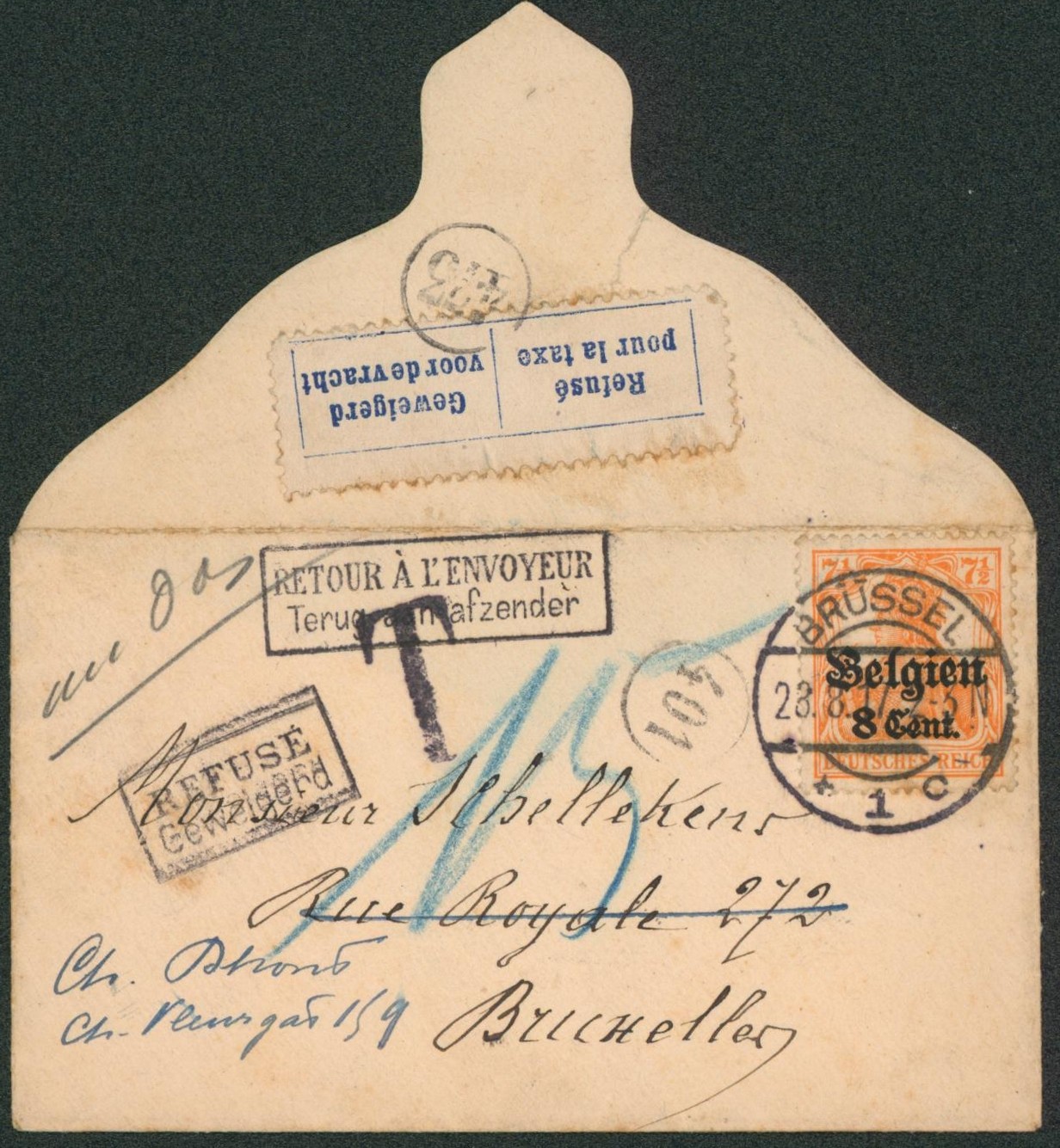 OC15 sur petite enveloppe ouverte expédiée de Brussel > Bruxelles. Taxé, refusé, retour à l'envoyeur.