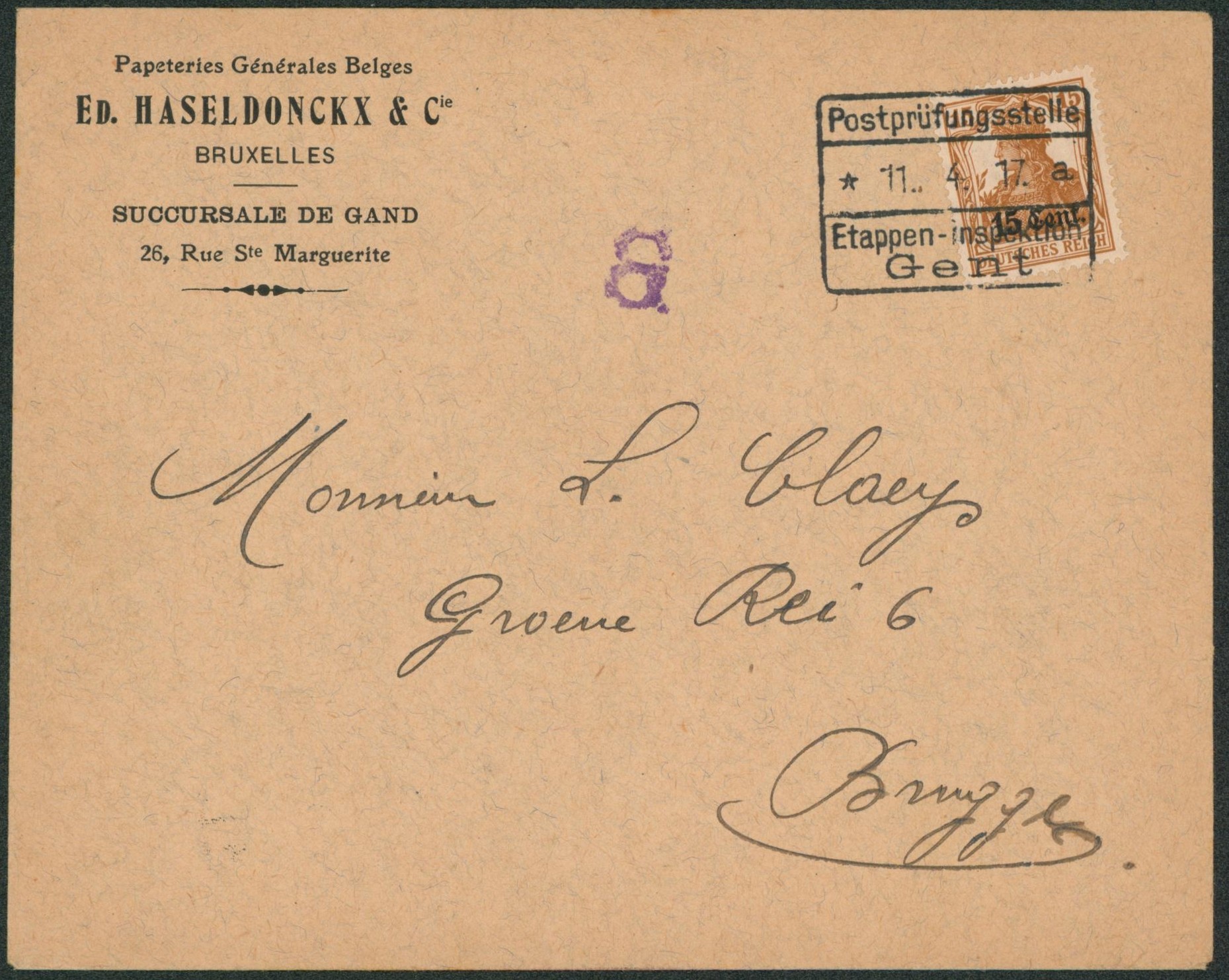 OC15 sur lettre à en-tête (papeteries générales Belges; Bruxelles) encadré Etappen-Inspektion Gent + censure chiffré > Brugge.