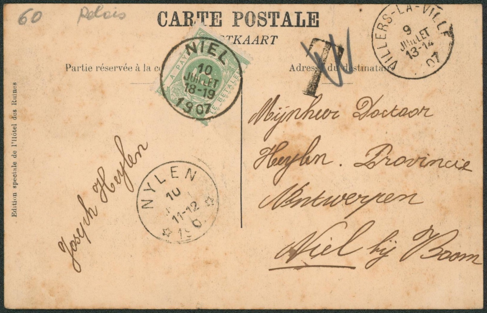 CP vue non affranchie expédiée de Villers-la-ville (1907) > Niel, taxé à 5ctm, taxe annulée et obl relais "Nylen".