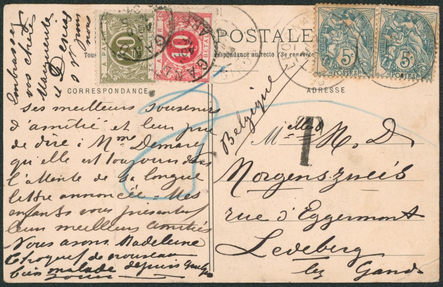 France - type blanc 5ctm x2 sur CP expédiée de Léognan > Ledeberg-lez-gand, taxé à 30ctm !