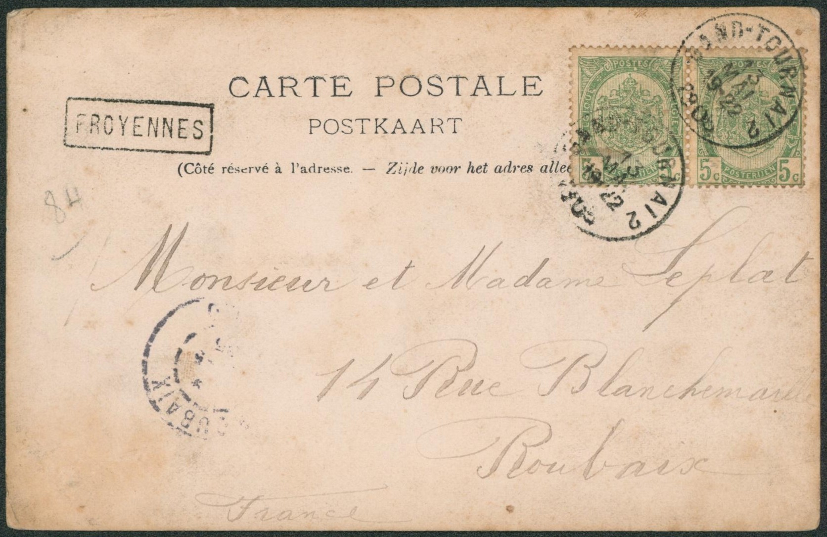 n°56 en paire sur CP obl ambulant "Gand-Tournai 2" + griffe à l'origine FROYENNES > Roubaix.