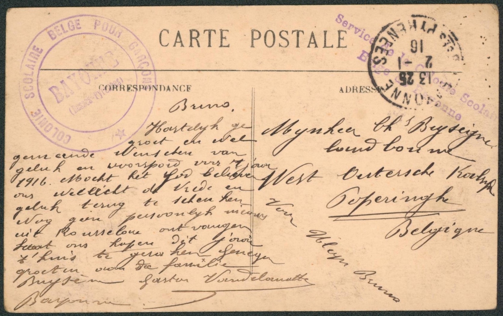 CP expédiée de Bayonne + cachet violet "Colonie scolaire belge pour garçon" + service de la colonie scolaire > Poperinghe. Zone non envahie.