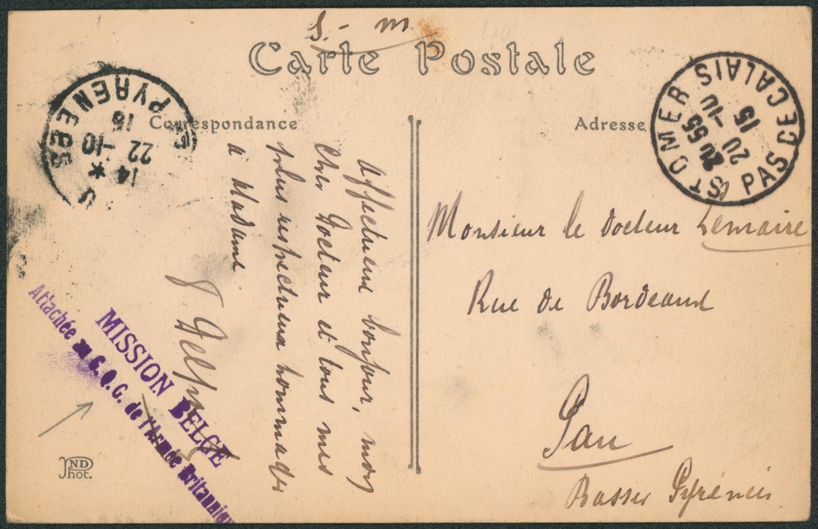 CP en S.M. expédié de St-Omer + griffe violette MISSION BELGE / attachée C.Q.C. de l'armée britannique > Pau