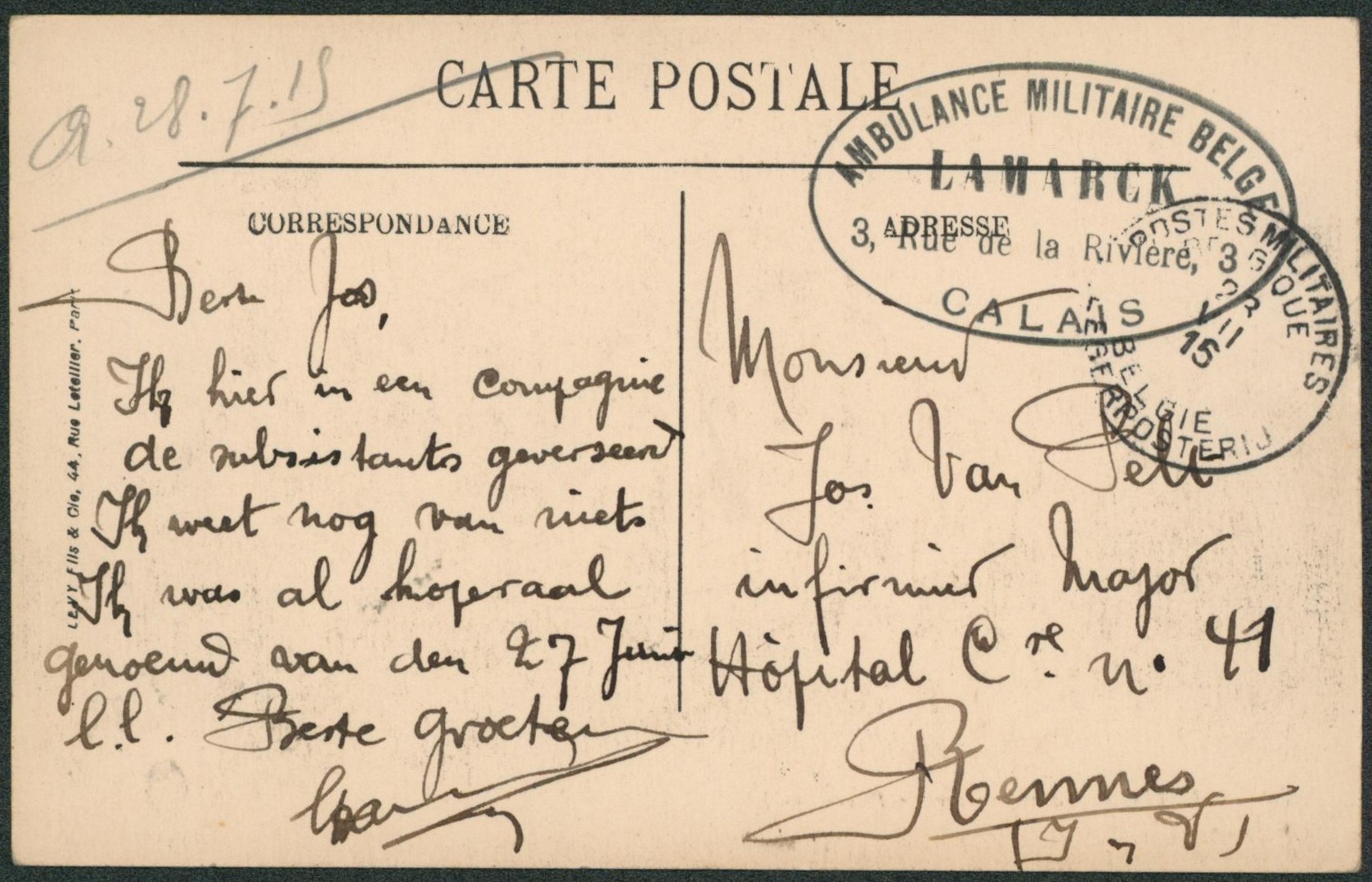 CP en S.M. obl P.M.B. + grand cachet "Ambulance militaire belge / Lamarck calais" > Hopital, infimier major à Rennes.