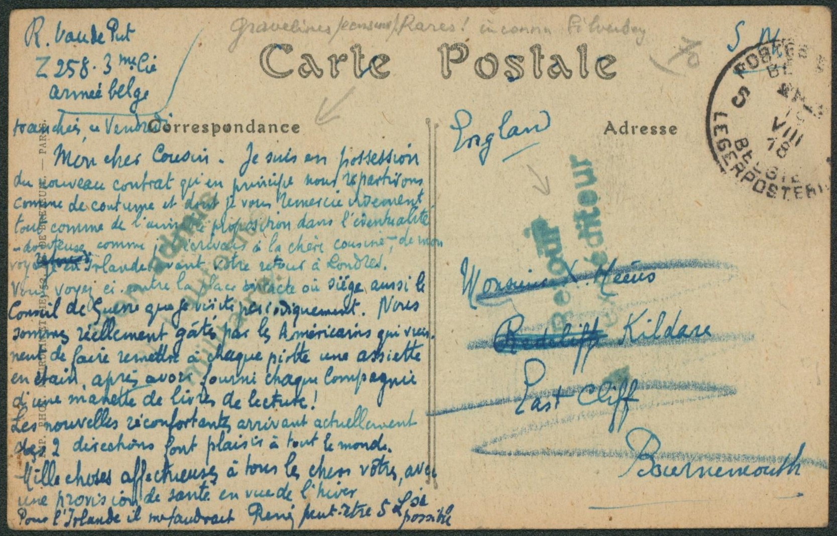 CP en S.M. obl P.M.B. 5 > East cliff (England) + griffe verte Non admis autorité militaire, retour à l'expéditeur.
