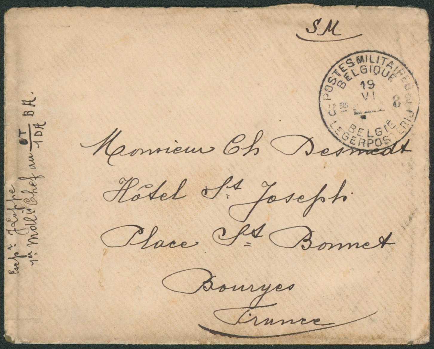 Lettre sans contenu obl P.M.B. 8 BIS (année masquée) > Hotel St-Jean à Bourges (France).
