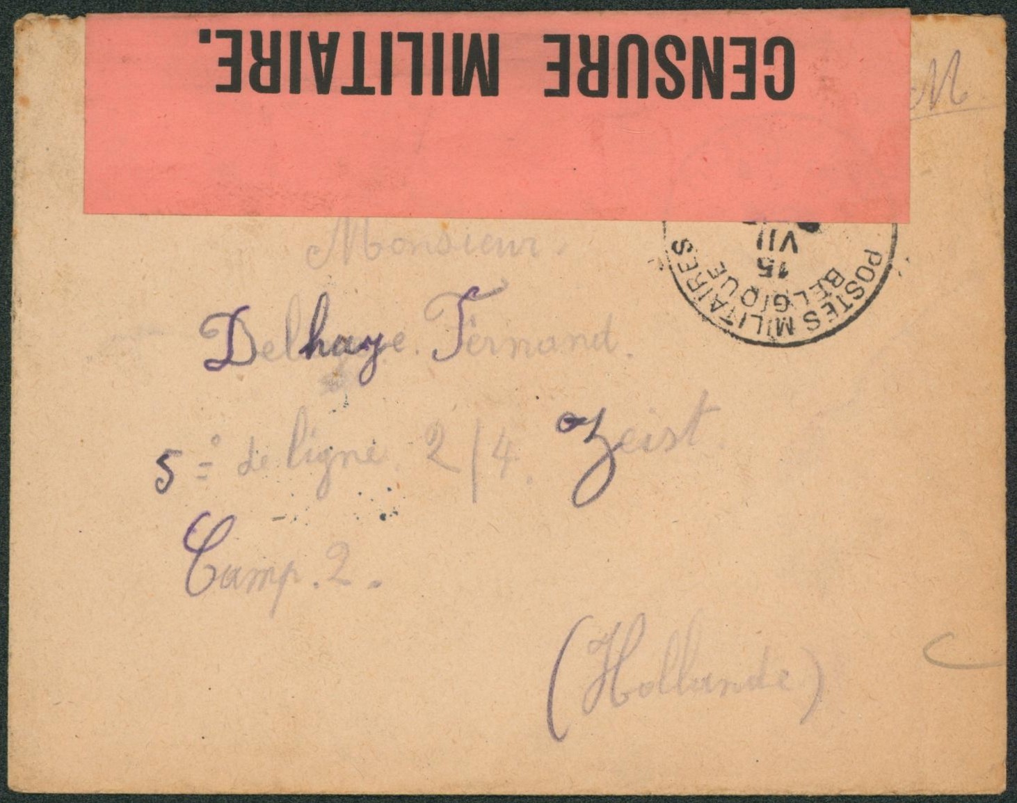 Lettre en S.M. obl P.M.B. + bandelette de censure > Camp, Zeist (Hollande).