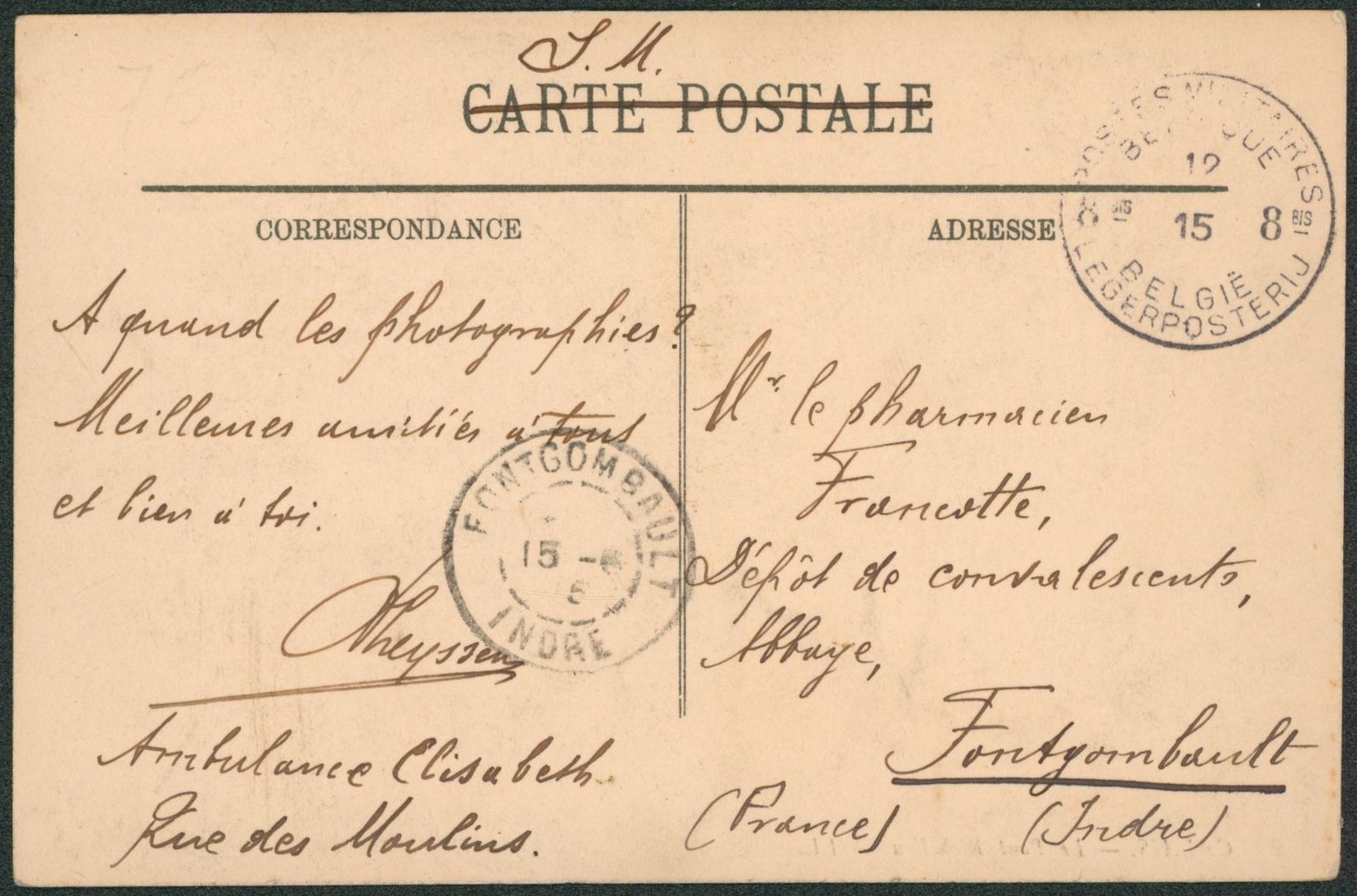 CP en S.M. obl P.M.B. 8 BIS (ambulance elisabeth) > Dépôt de convalescent à Fontgombault.