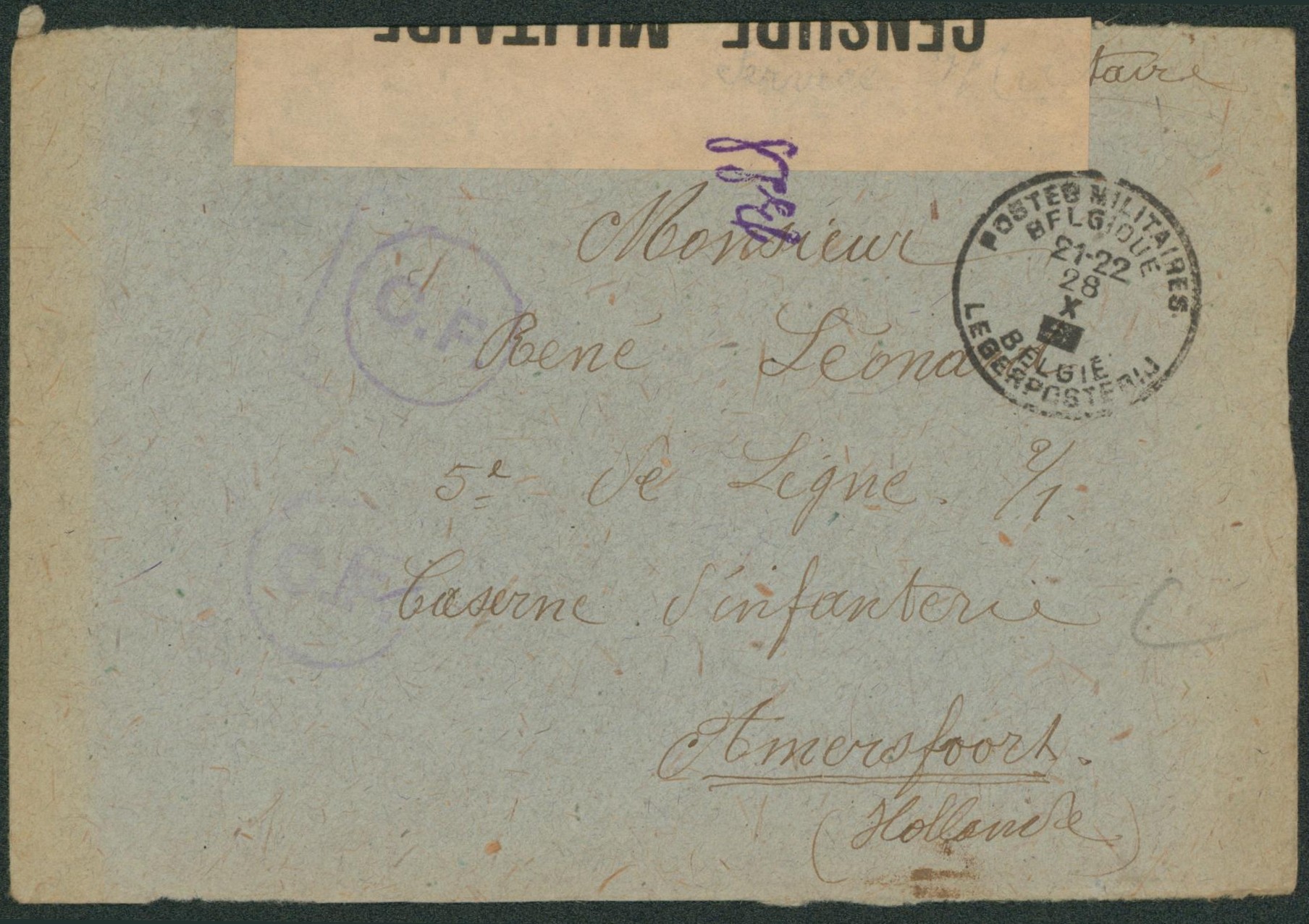 Lettre en S.M. obl P.M.B. + bandelette de censure 47 et censure C.F. (folkestone) > Amersfoort , caserne d'infanterie (Hollande).