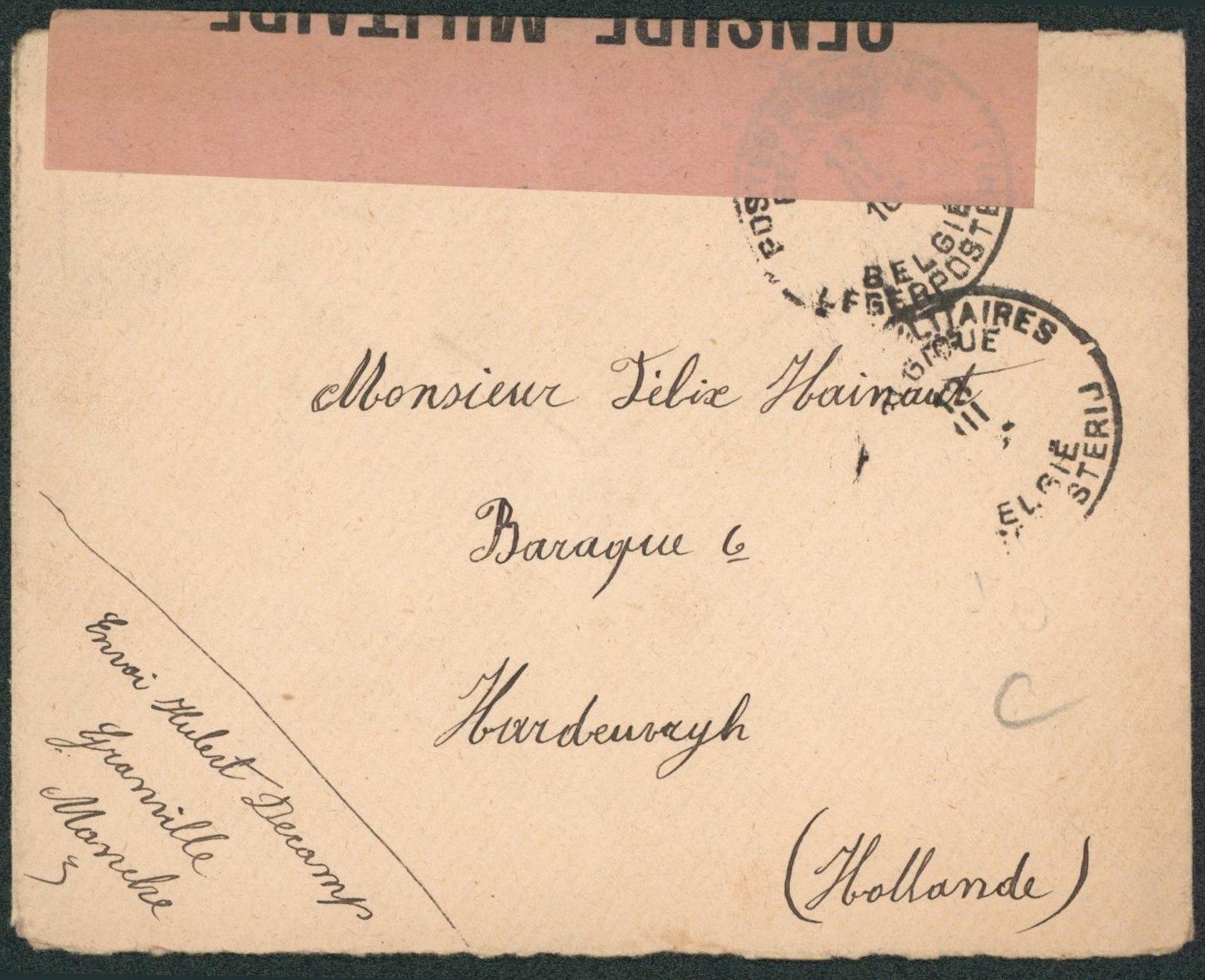 Lettre en S.M. obl P.M.B. + bandelette de censure (Granville) > Baraque 6, Harderwijk (Hollande).