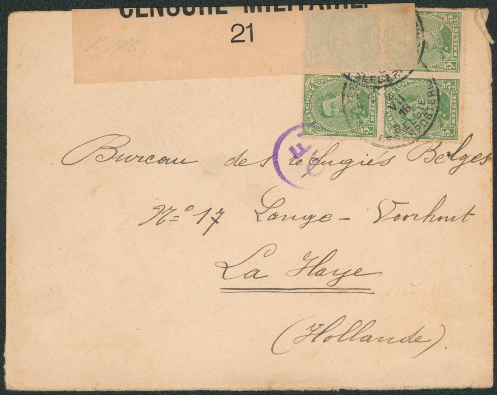 n°137 en bloc de 4 sur lettre obl P.M.B. + bandelette de censure 21 et censure C.F. > La Haye.