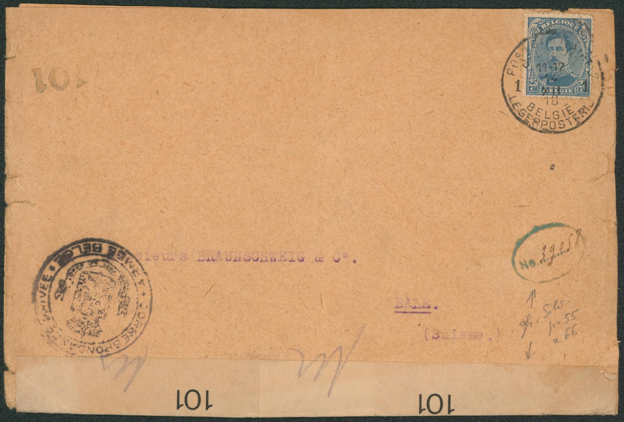 n°141 sur lettre obl P.M.B. 1 + bandelette de censure 101 > Bale (Suisse).