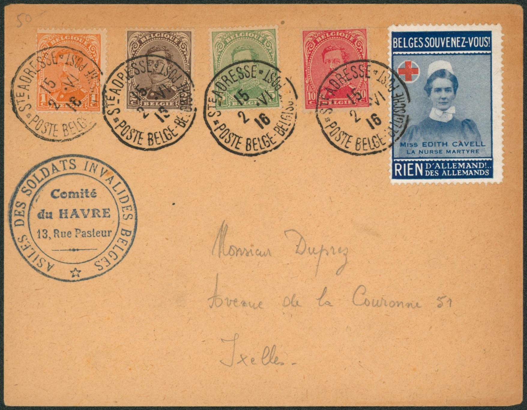 n°135/38 sur lettre "Asile des soldats invalides belges" expédié de Ste-Adresse + vignette BELGE souvenez vous > Ixelles.
