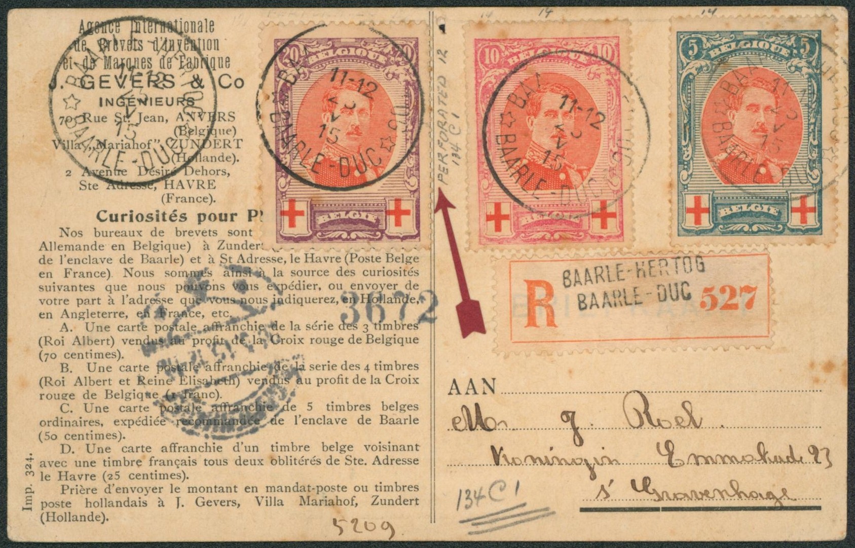 n°132/34 sur CP (agence internationale de brevet) en recommandé de Baarle-Hertog > 'S Gravenhage / Dentelure !