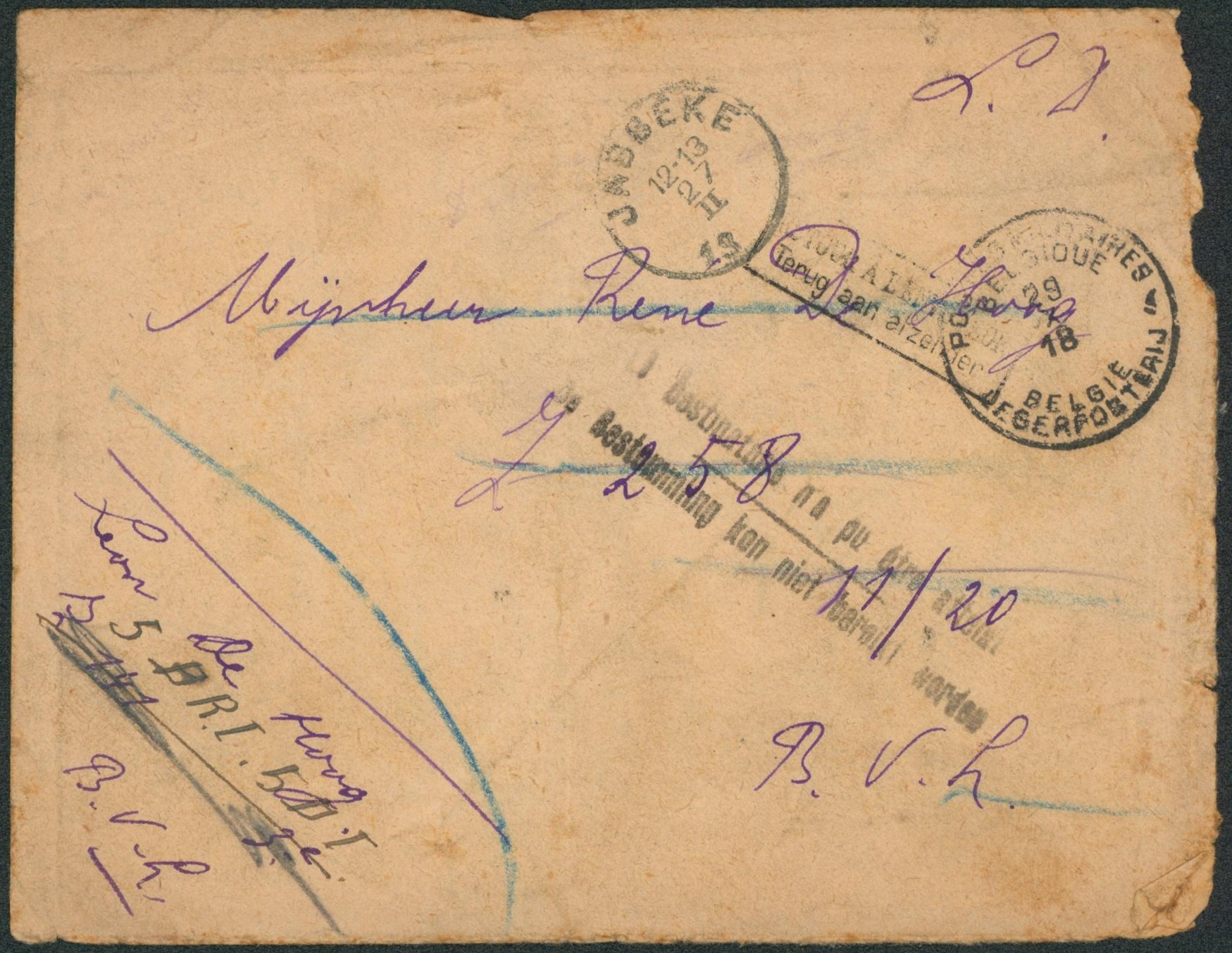 Lettre avec contenu en S.M. obl P.M.B. > B.V.H. le destinataire n'a pas pu être atteint, obl de fortune JABBEKE.