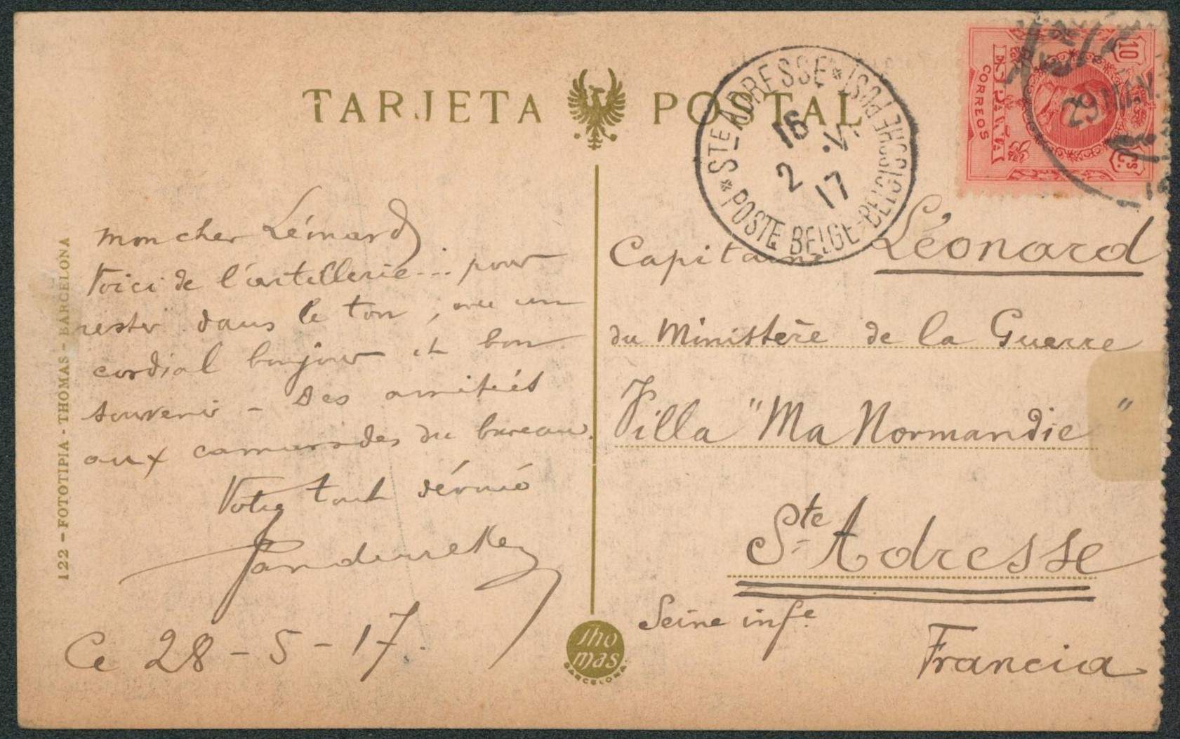 CP en provenance d'Espagne > Ste-Adresse, Capitaine Léonard ministère de la guerre.