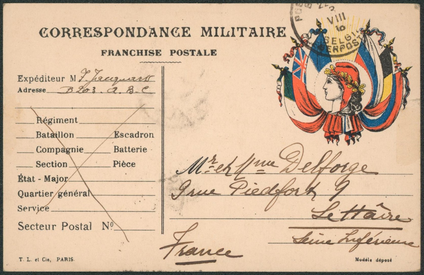 Correspondance militaire, franchise postale expédié de A.B.C. via P.M.B. > Le Havre / Texte.
