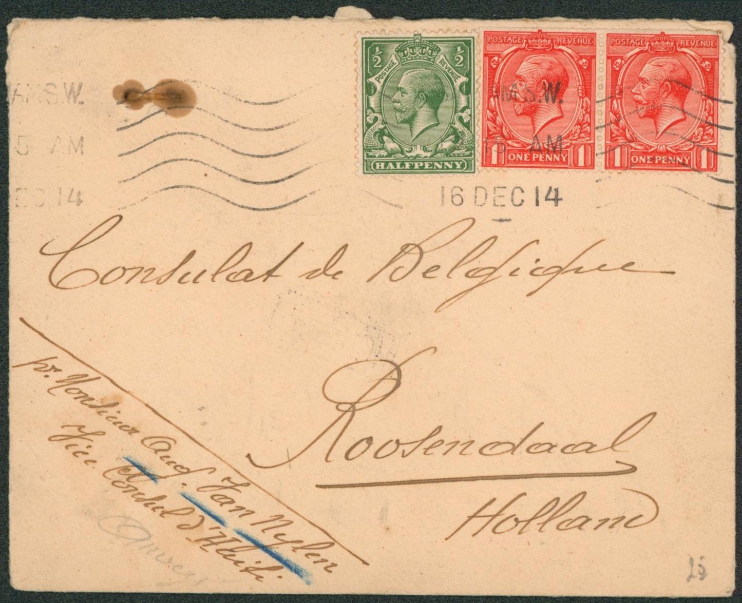 Lettre en provenance d'angleterre çàd London (Expéditeur Vice consul d'Hulste, Anvers) > Roosendael, consulat de Belgique.