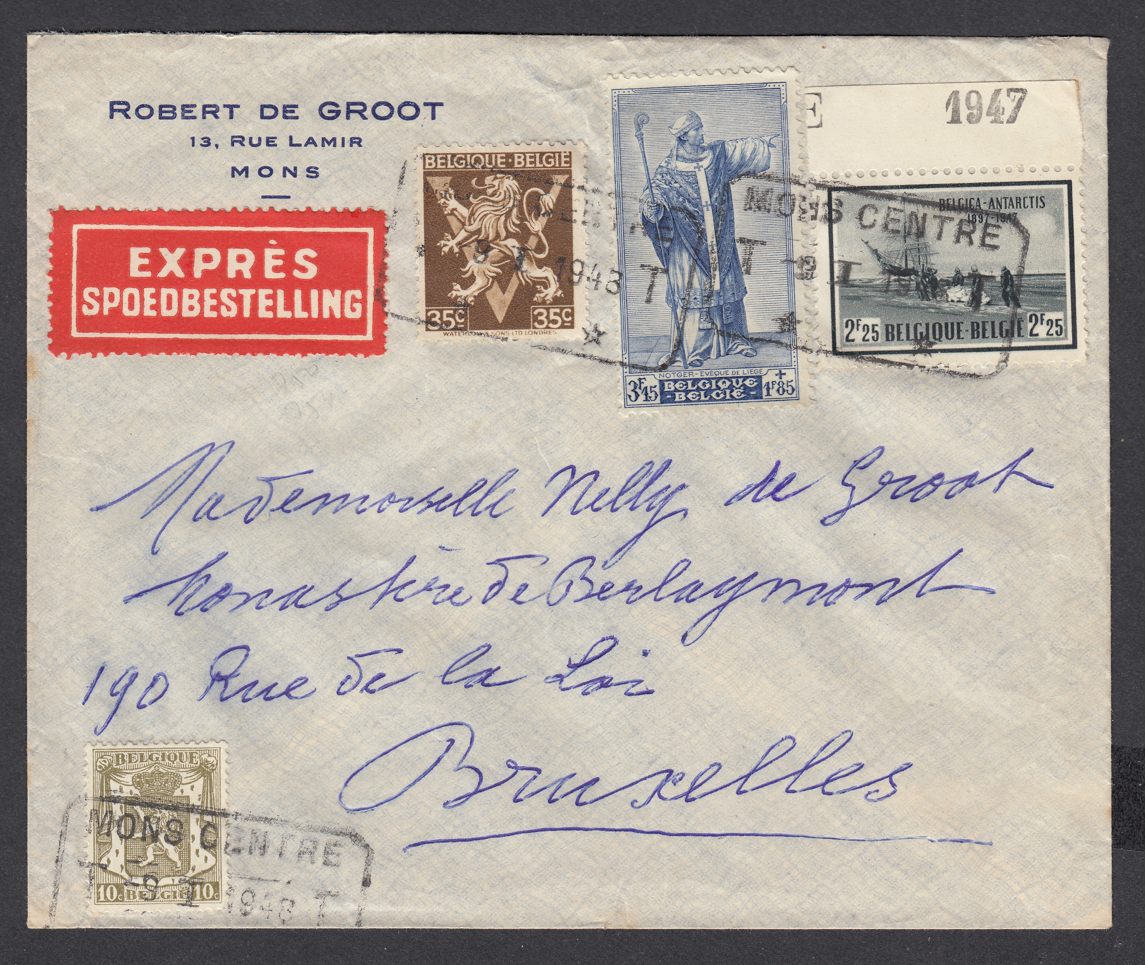 420 +677 +750 +754 sur lettre en exprès de Mons le 9.I.1948 ( Cachet rectangulaire des C.F.) vers BXL.