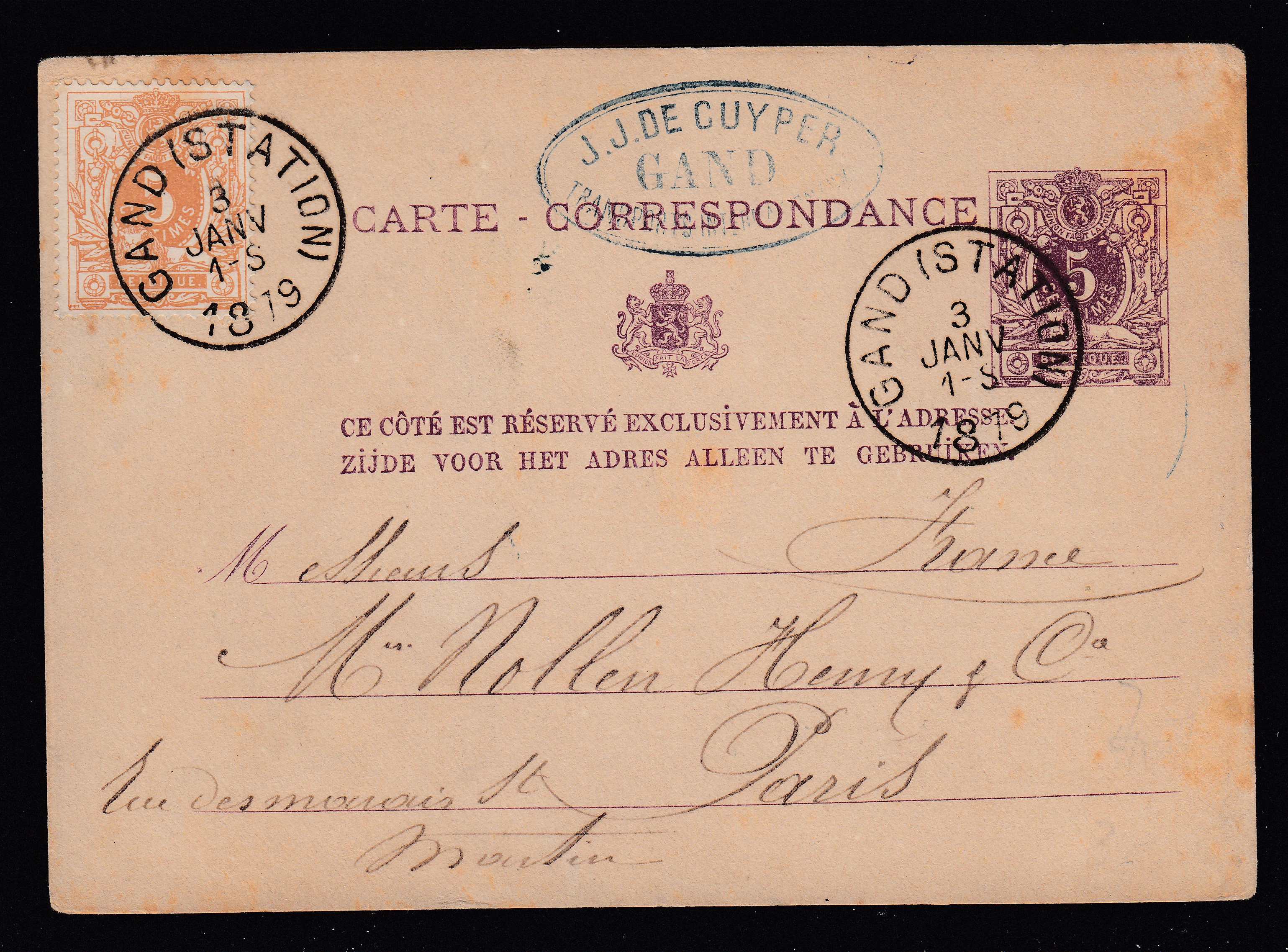 28 sur Ep5c type « Lion couché » de Gand(Station) le 3 jan 1879 vers Paris.