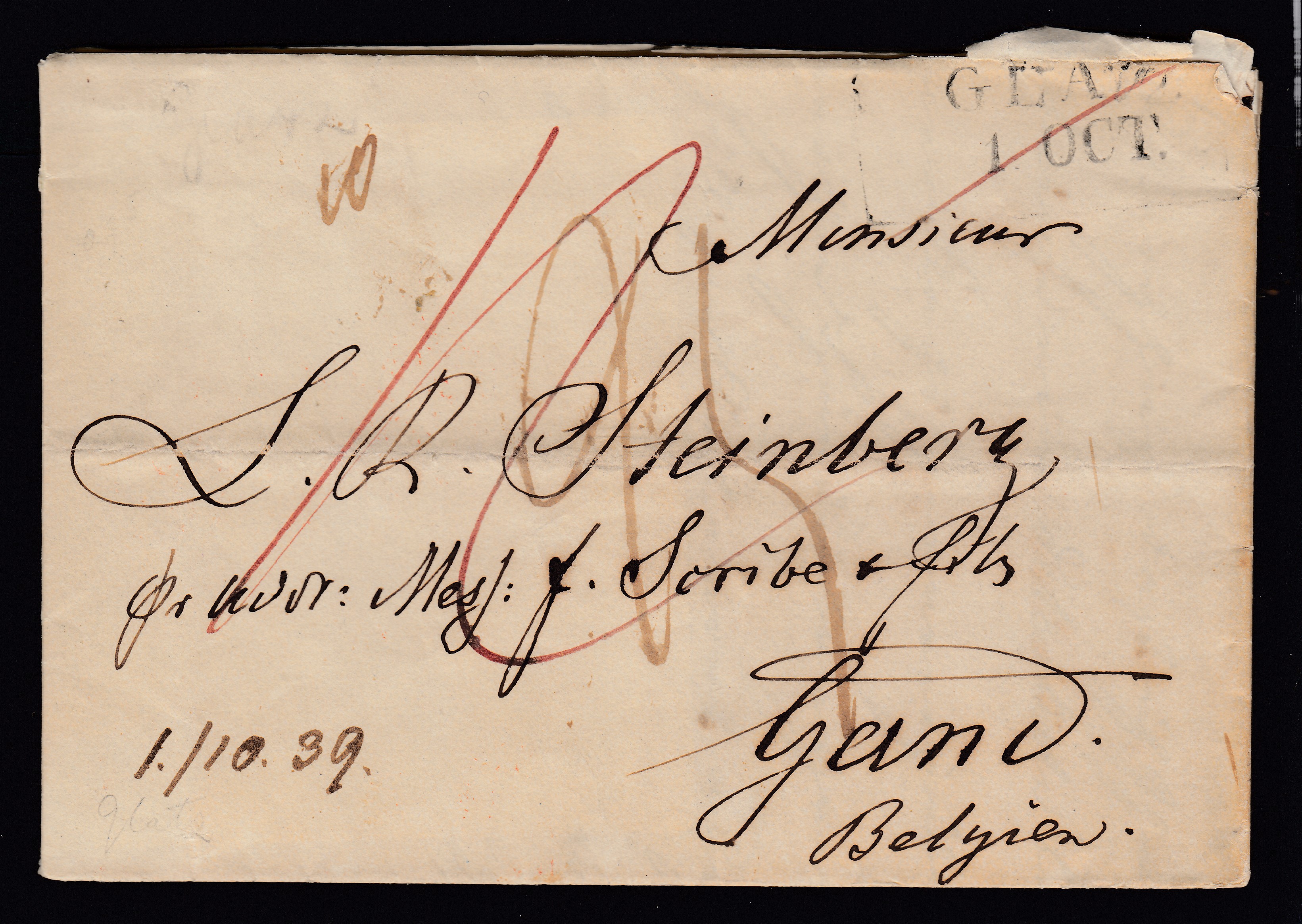 LAC expédie d'Allemagne le 1 oct 1839 vers Gand ( Griffe « GEA.../1 OCT. » au recto). Griffe encadrée rouge « Allemagne par Herve » +arrivée le 3/10 au verso.