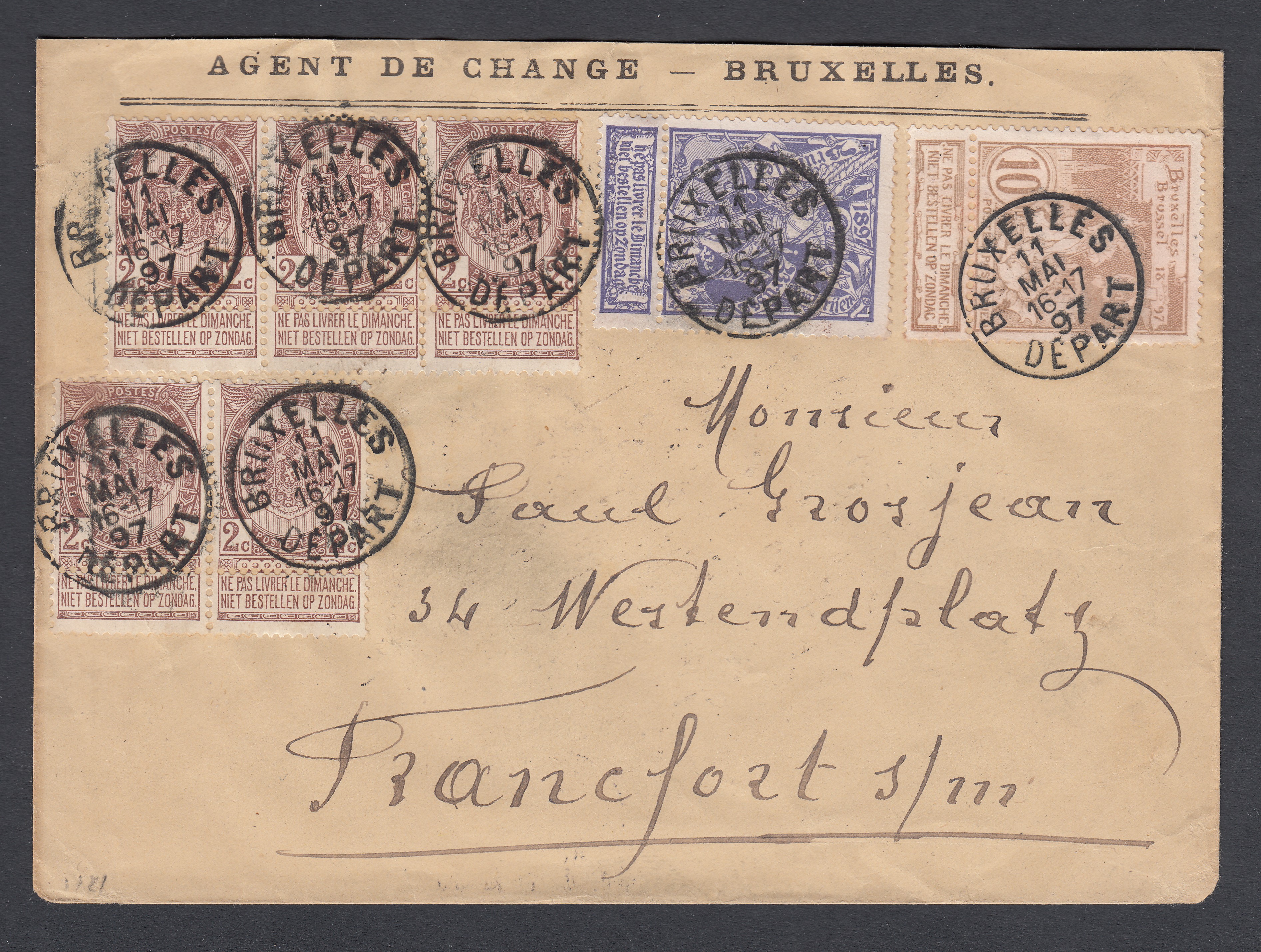 55 x5 dont 2 paires +71 +73 sur lettre à entête de BXL le 11 Mai 1897 vers Francfort. Càd au verso.