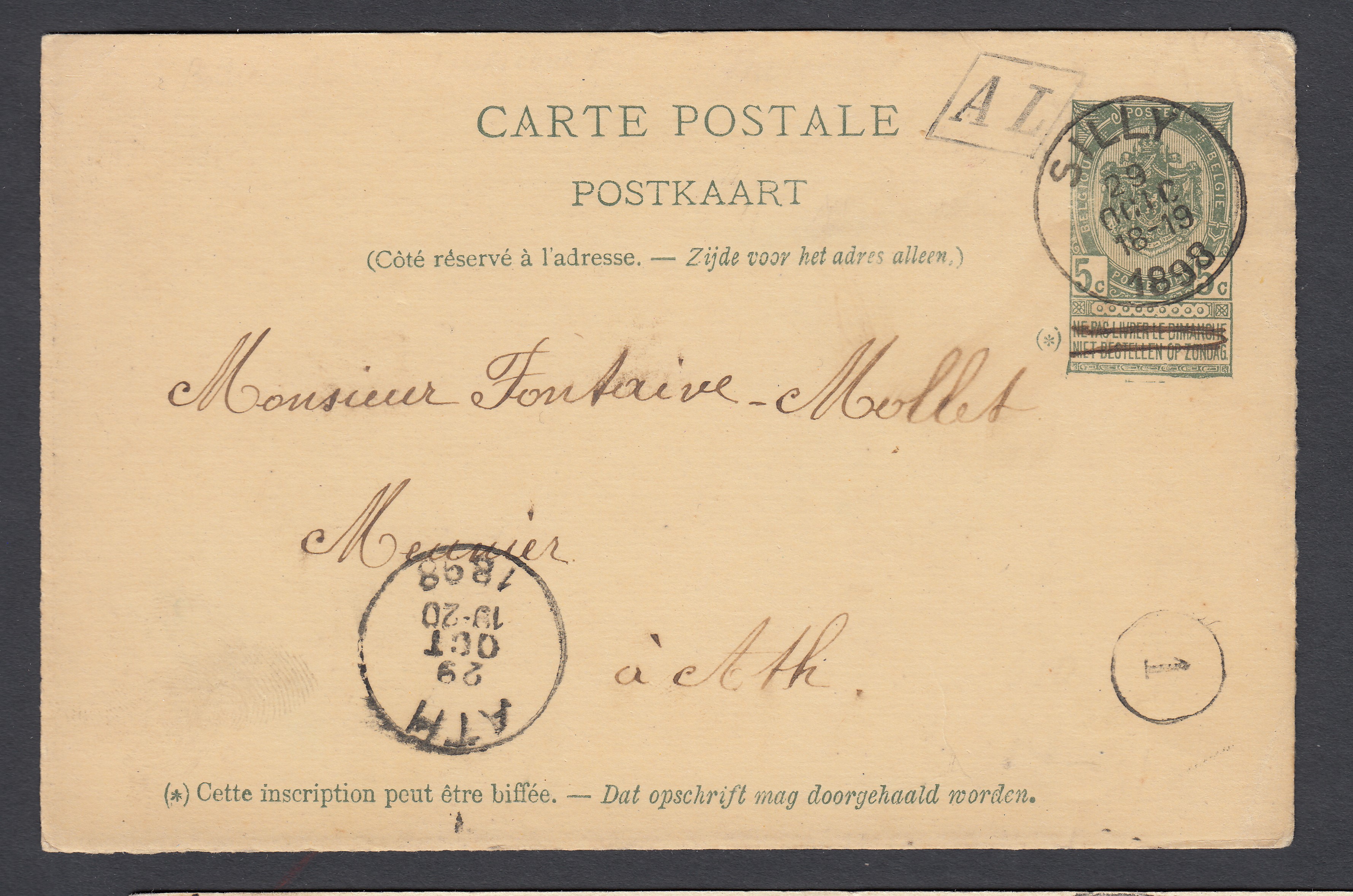 Ep5c type « Fine Barbe -Tp 56 » de la boîte rurale « AL » de Thoricourt via Silly le 29 oct 1898 vers Ath. Càd au recto.