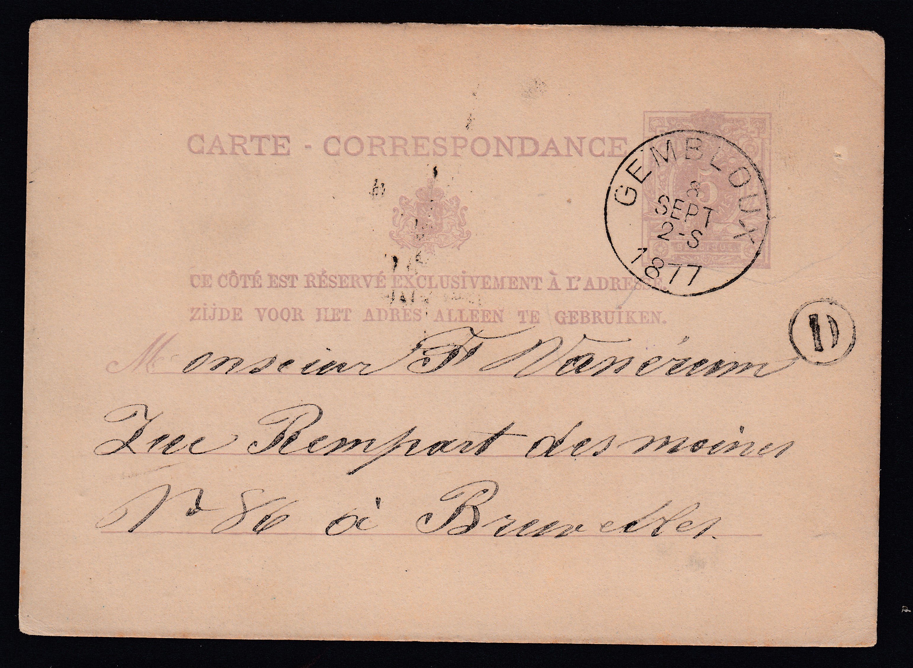 Ep5c type « Emission 1869 -Tp 28 » daté de la Sauvenière et de la boîte rurale «D » via Gembloux le 8 sept 1877 vers BXL.