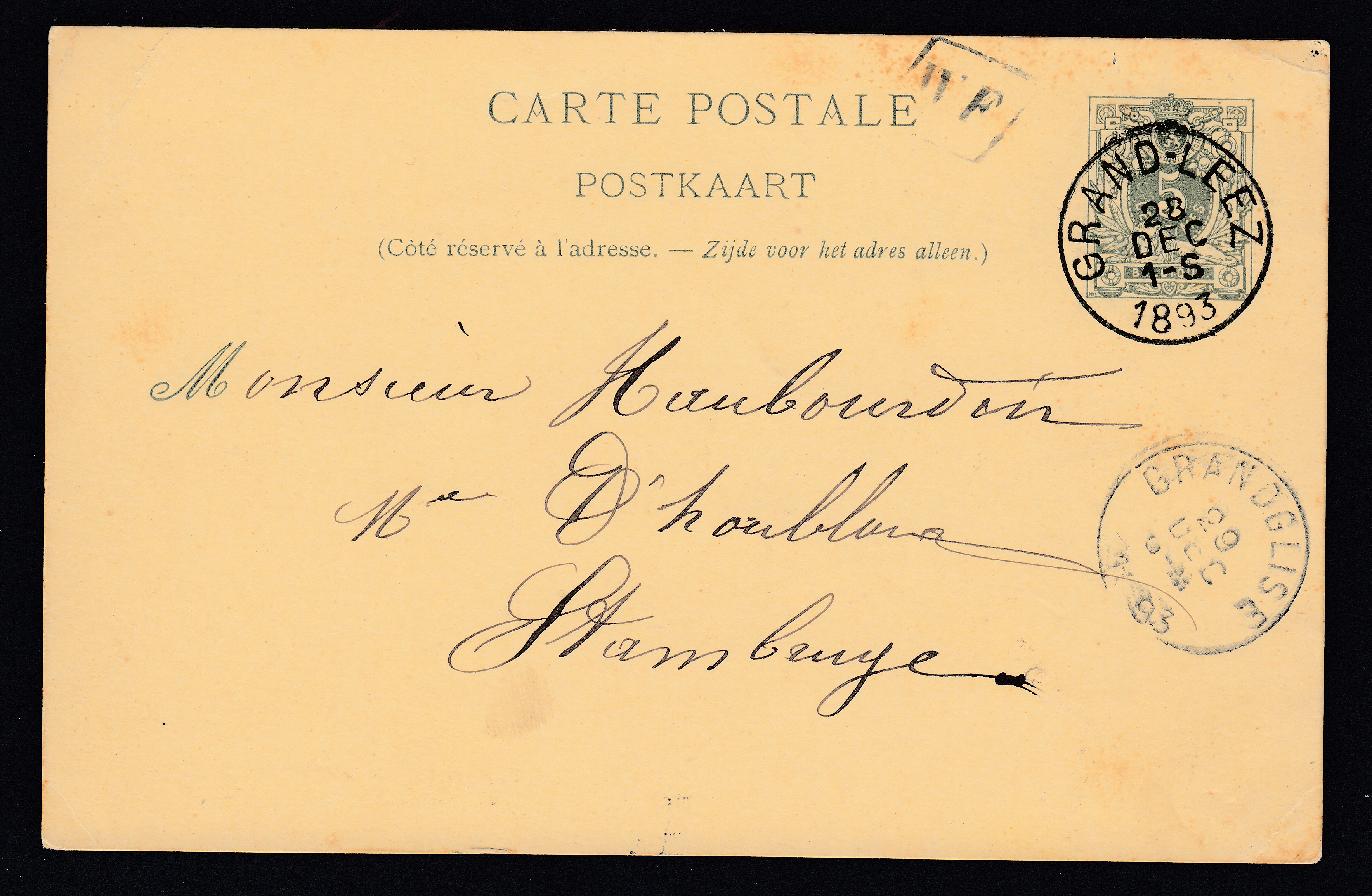Ep5c type « Lion couché -Tp 45 » daté de Tourinnes-St-Lambert  et de la boîte rurale «NF » via Grand-Leez le 25 dec 1893 vers Stambruges. Càd au recto.