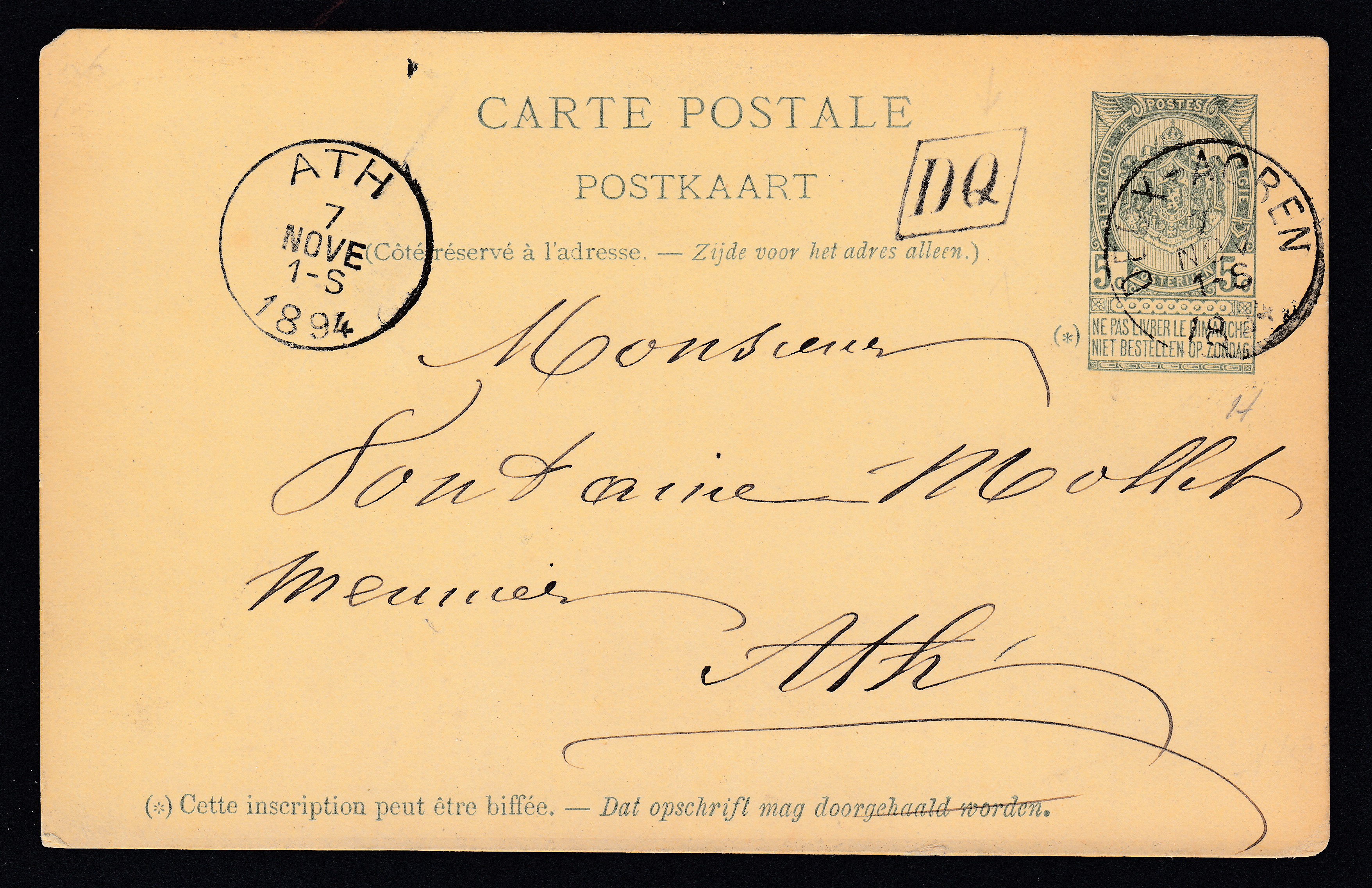 Ep5c type « Fine Barbe -Tp 56 » daté de Deux-Acren le 7 nov 1894, de la boîte «DQ » vers Ath. Càd au recto.