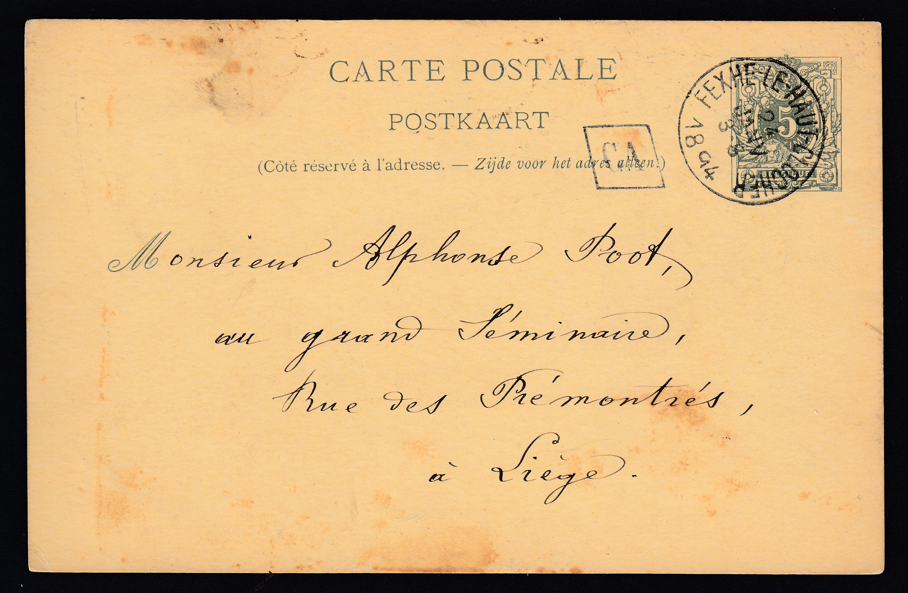 Ep5c type « Lion couché -Tp 45 » daté de Roloux ( Boîte « CA » RR!) & via Fexhe-Le-Haut-Clocher le 24 janv 1894 vers Liège.