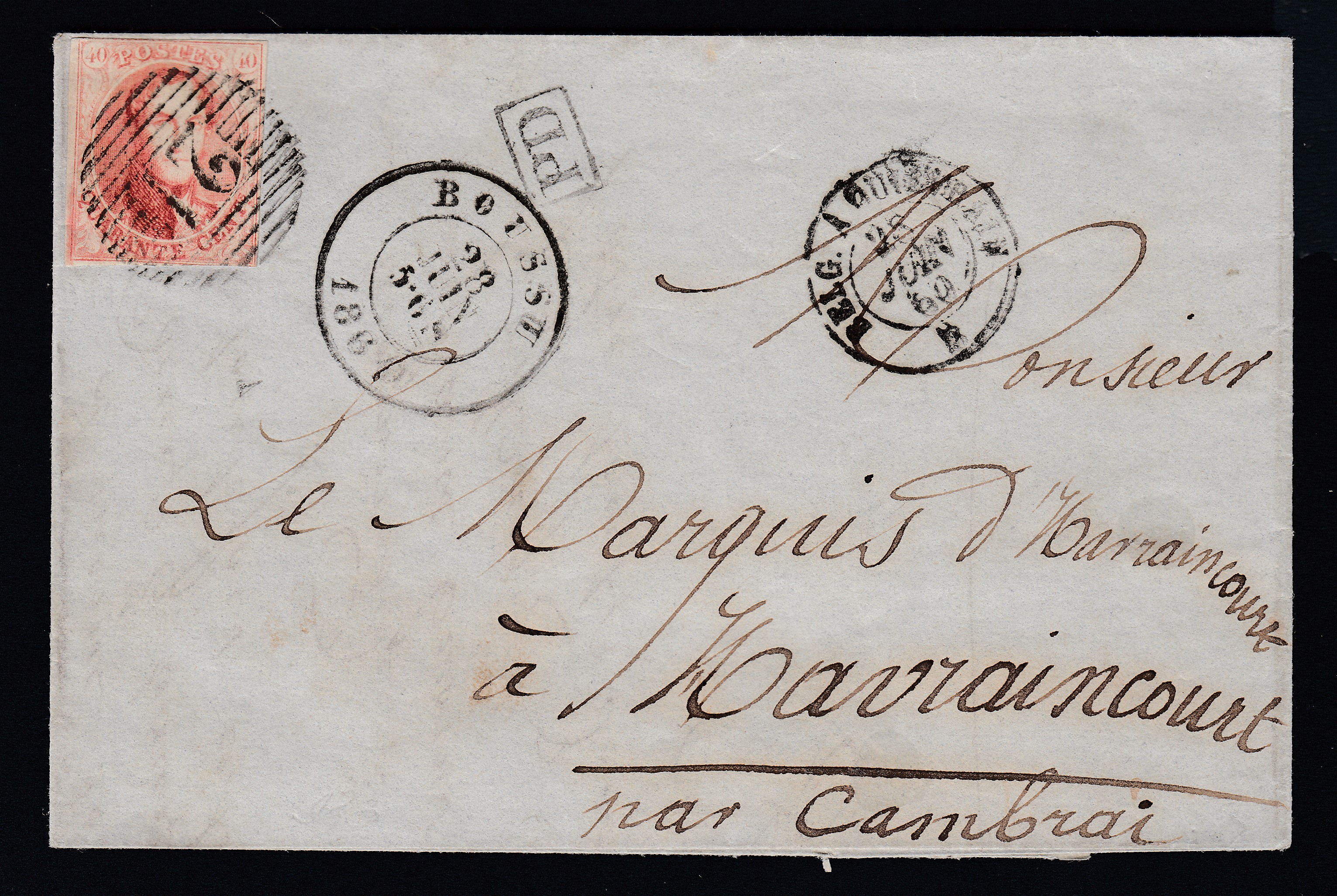 12 au filet sur LAC de Boussu ( P21 ) le 28 juin 1860 vers la France. Cachet « Ambt du midi 1 » +Càd au verso.
