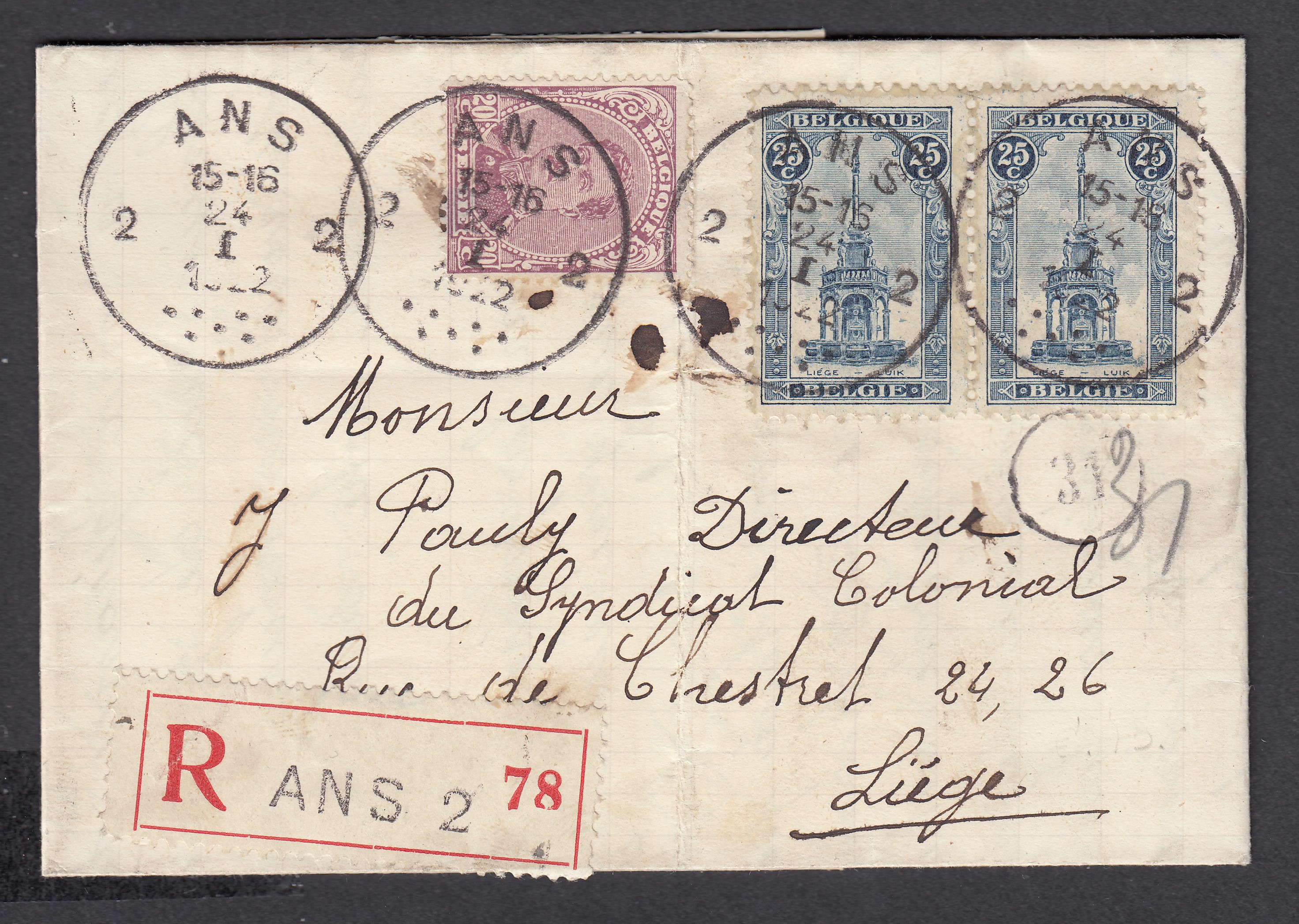 164 en paire +196 sur lettre en recommandé d'Ans le 24.I.1912 vers Liège.