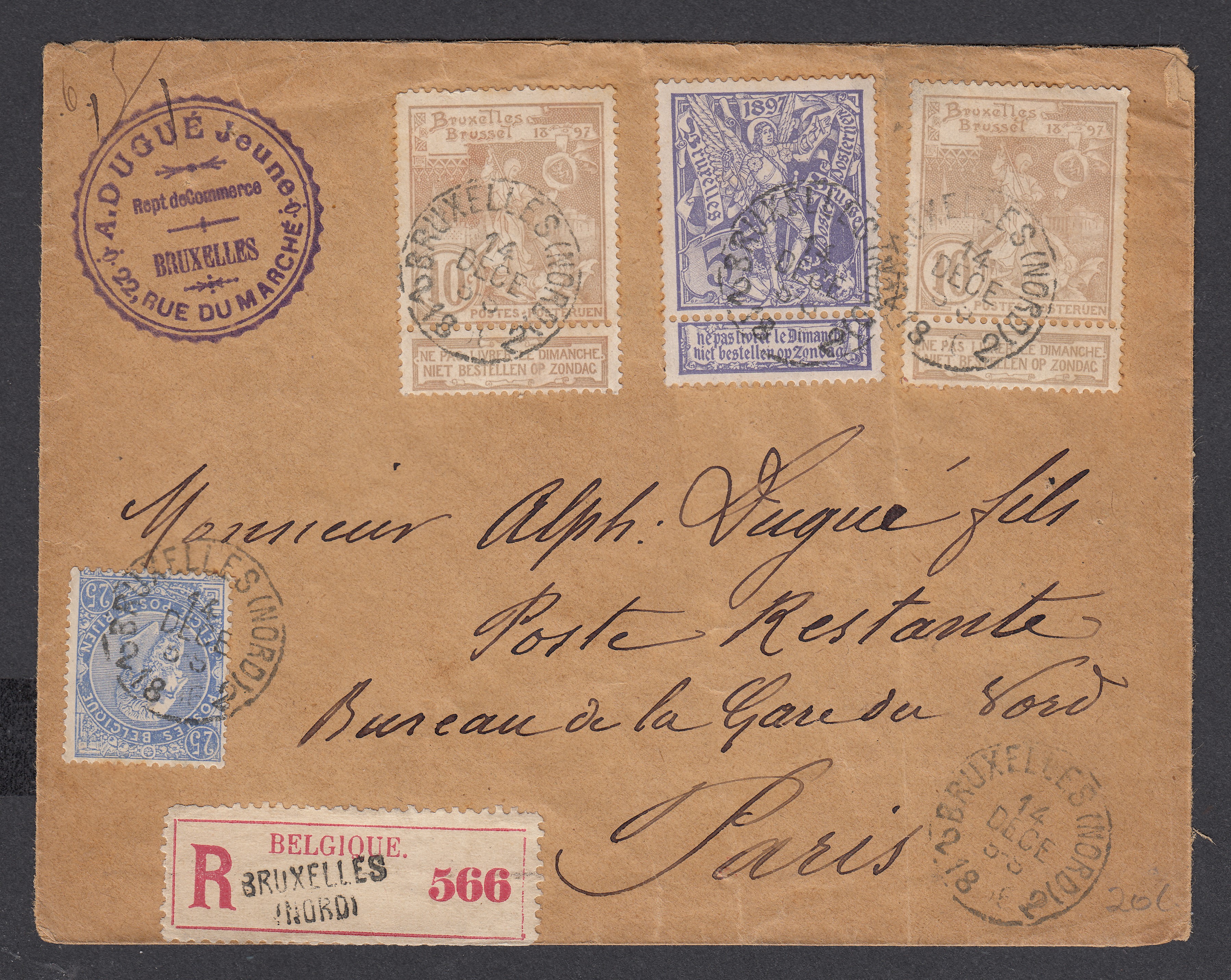 60 +71 +72x2 sur lettre en recommandé de BXL vers Paris. Càd le 15 déc 1896 +vignette de l'expo.de Bxl au verso.