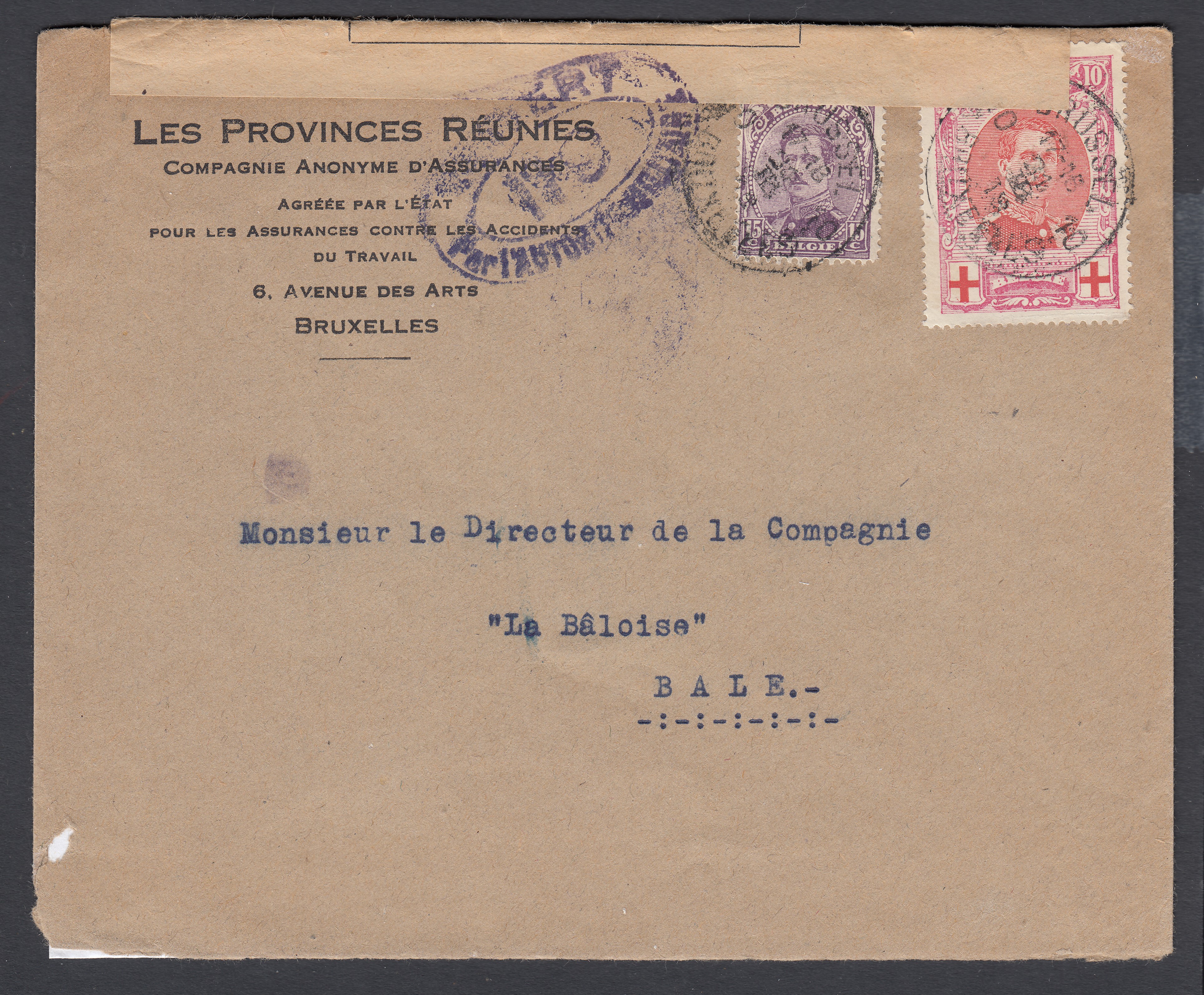 133 +139 sur lettre à entête commerciale de BXL le 21.III.19 à destination d'Anvers. Bande de censure. Explicatif tarif joint.