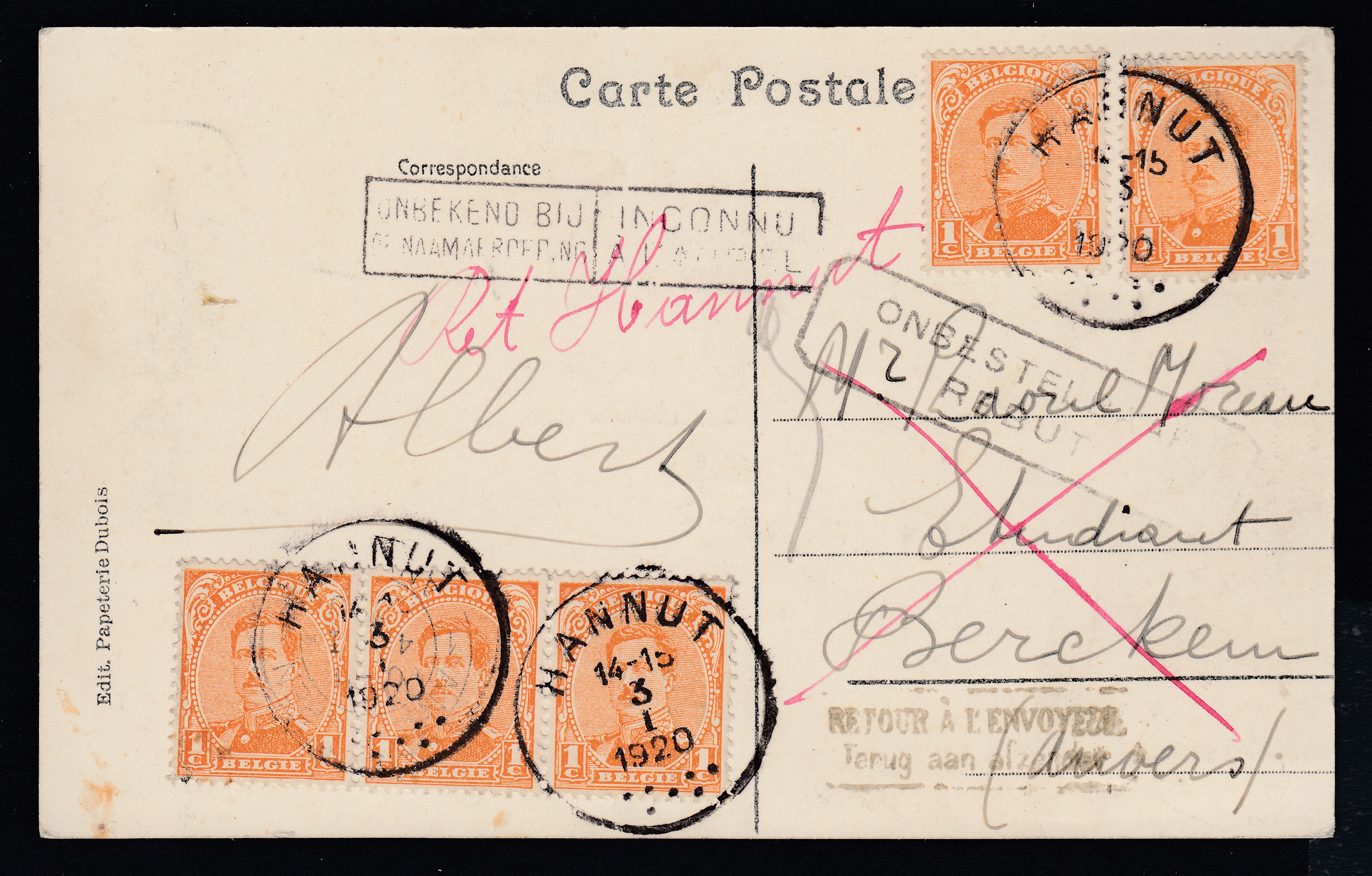 135 x5 ( une bande de 3 et une paire) sur Cp de Hannut le 3.I.1920 vers Berckem. Griffes bilingues « Inconnu à l'appel » + « Rebut » et « Retour à l'envoyeur ». Explicatif joint.