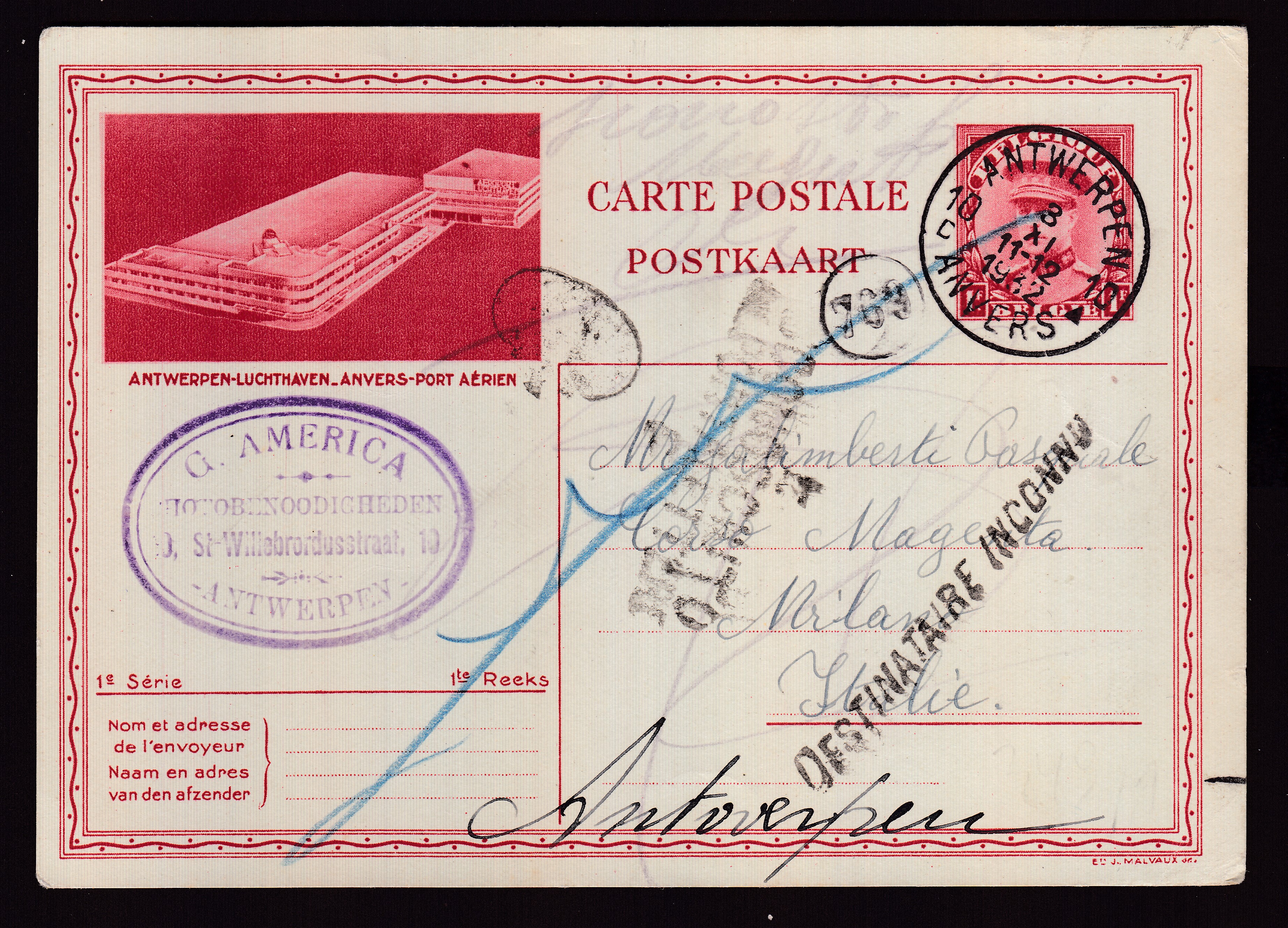 Ep1F type « Képi » illustré ( Antwerpen )d'Antwerpen le 3.XI.1932 vers Milan. Griffes « Conosciuto... » + »Destinataire Inconnu ». Explicatif joint.