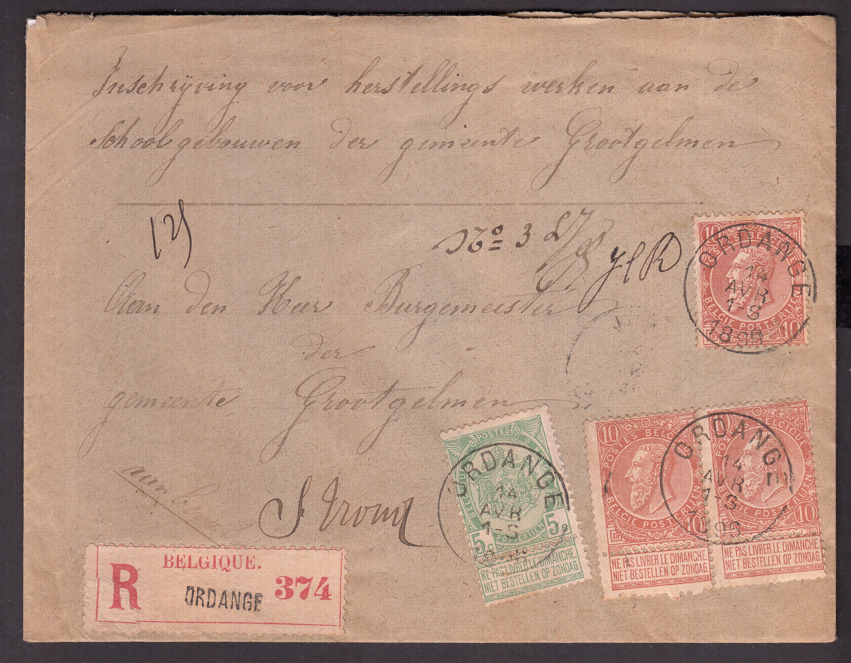 56 +57 x3 sur lettre en recommandé d'Ordange le 14 avr.1896 vers St-Trond. Càd au verso.